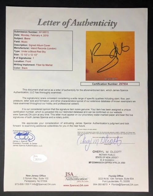U2 Bono Signed Autographed Vinyl Album / JSA COA / Signed Album Cover, изображение 3