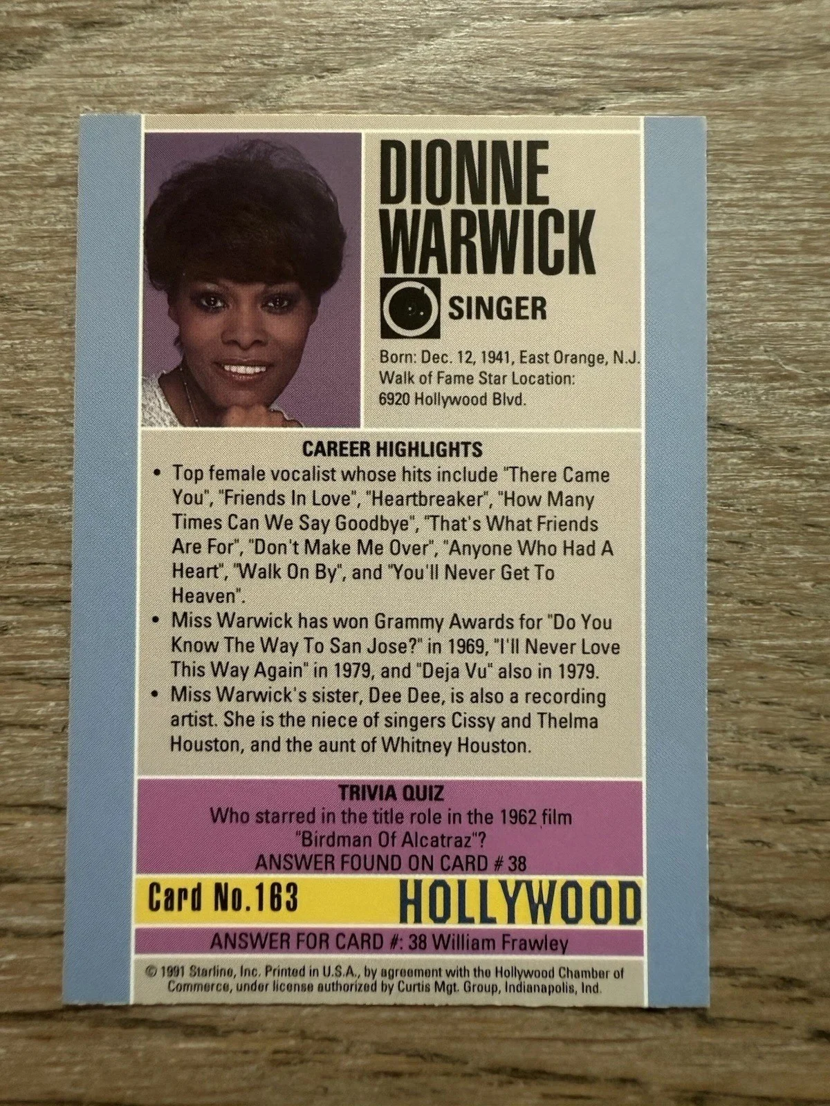 Dionne Warwick signed 1991 Starline Hollywood card #163, image 2