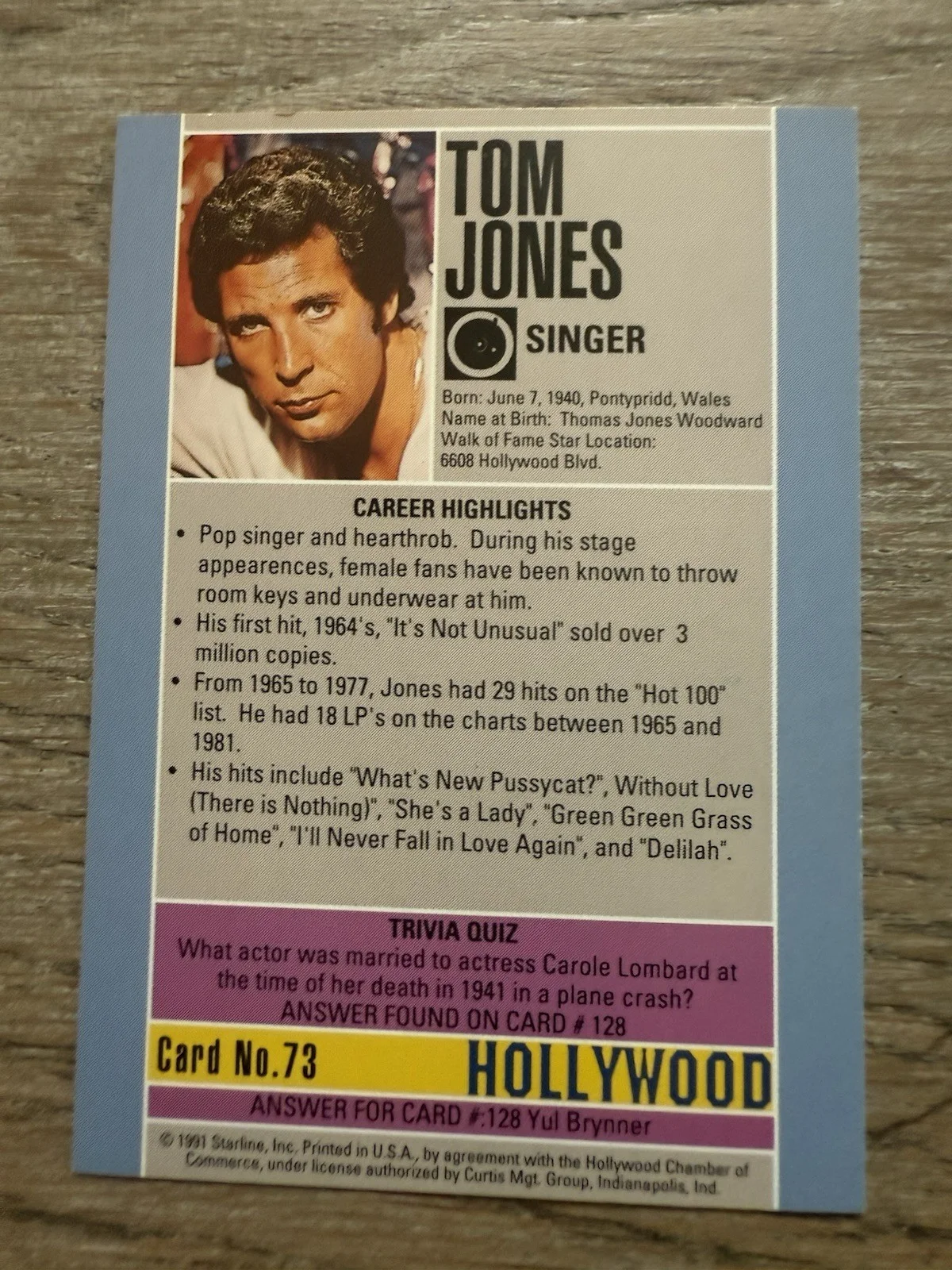 Tom Jones signed 1991 Starline Hollywood card #73, image 2