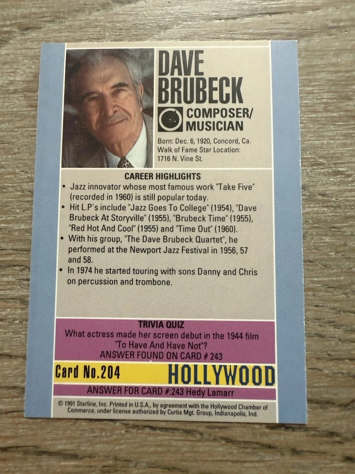 Dave Brubeck signed 1991 Starline Hollywood card #204, image 2