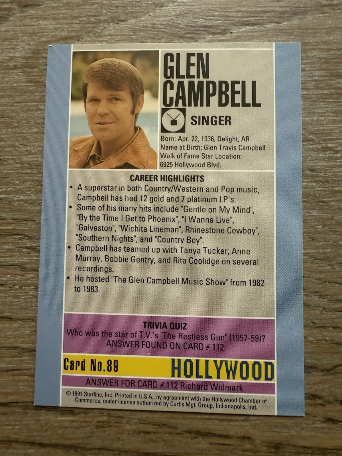 Glen Campbell signed 1991 Starline Hollywood card #89, image 2