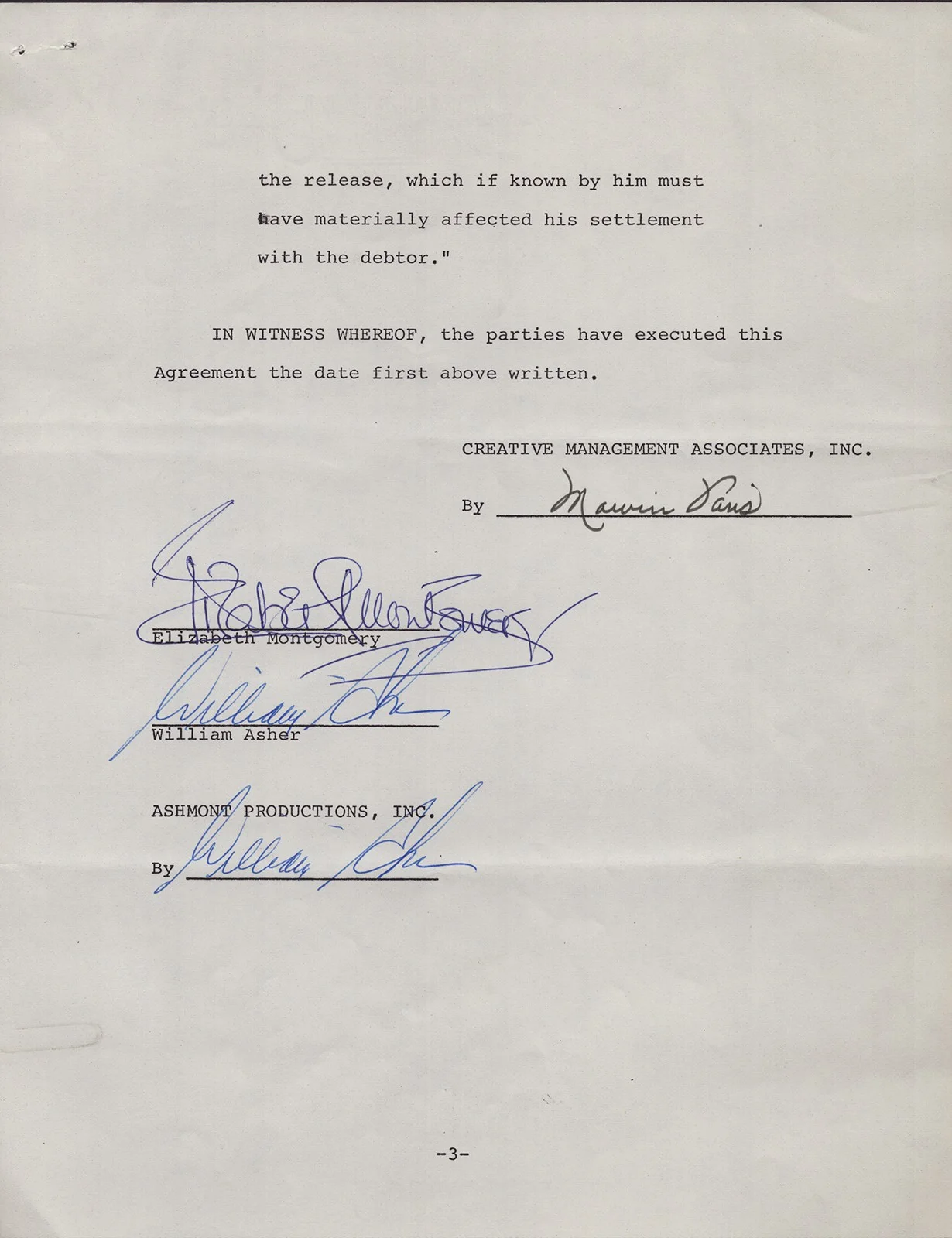 Elizabeth Montgomery, William Asher — ELIZABETH MONTGOMERY - DOCUMENT MULTI-SIGNED 12/29/1972 WITH CO-SIGNERS, image 3