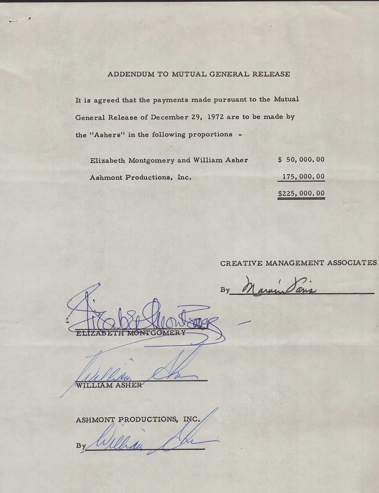 Elizabeth Montgomery, William Asher — ELIZABETH MONTGOMERY - DOCUMENT MULTI-SIGNED 12/29/1972 WITH CO-SIGNERS, image 5