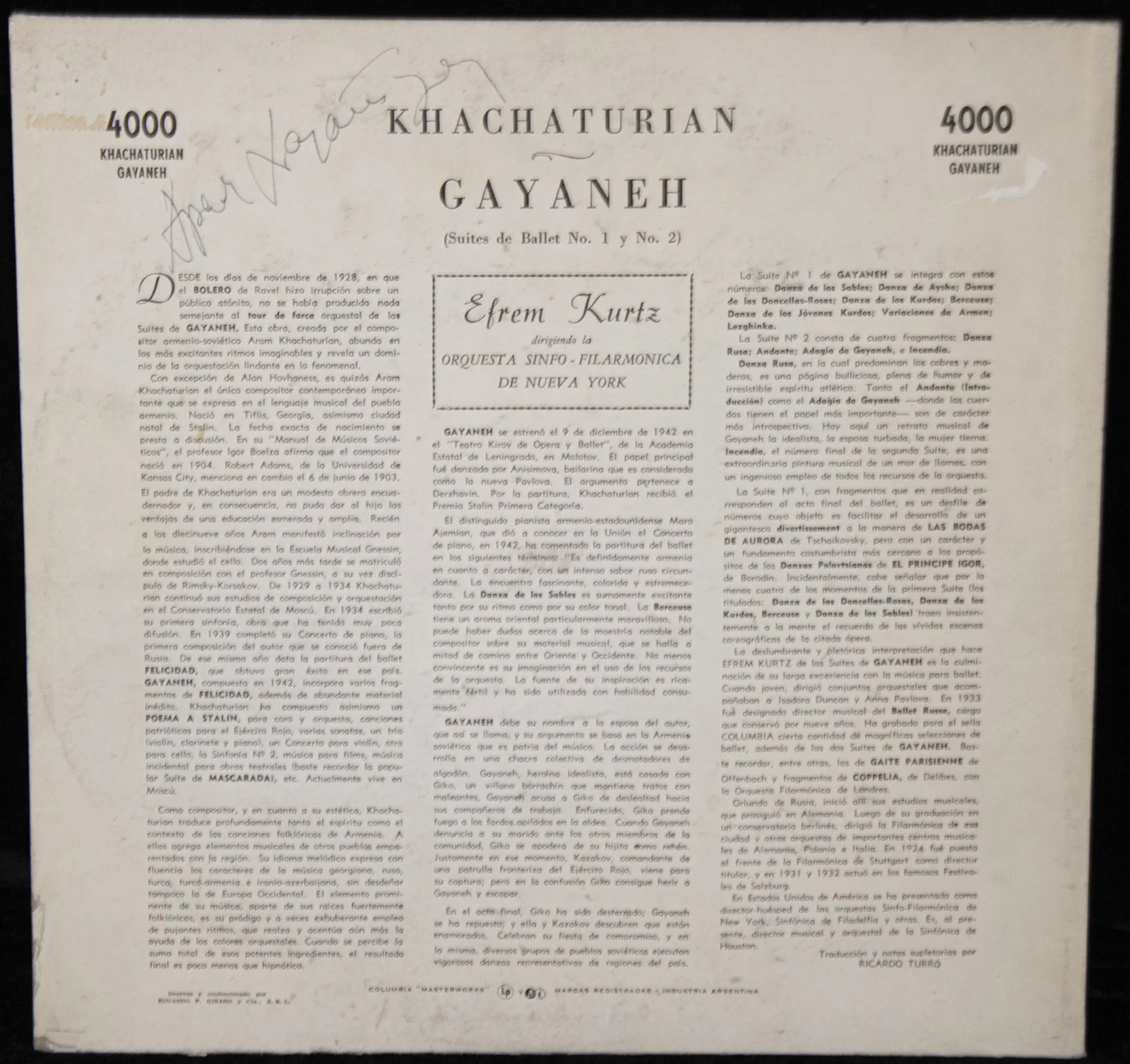Aram Khachaturian — ARAM KHACHATURIAN - RECORD ALBUM SLEEVE SIGNED, image 2
