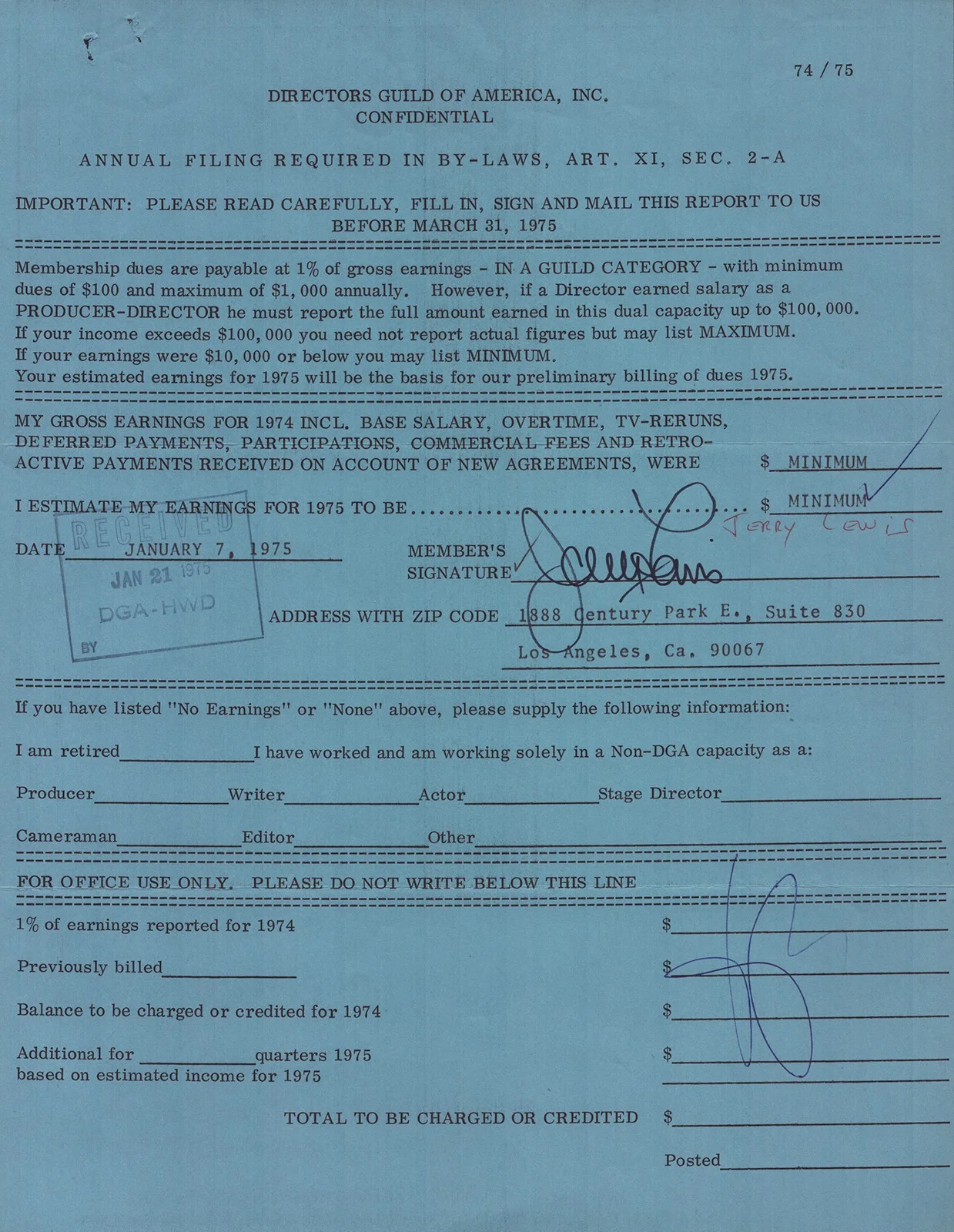 Jerry Lewis — JERRY LEWIS - DOCUMENT SIGNED 01/07/1975