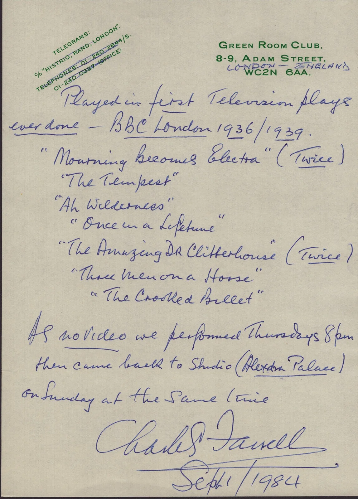 Charles Farrell — CHARLES FARRELL - BIOGRAPHY SIGNED 09/01/1984, image 2