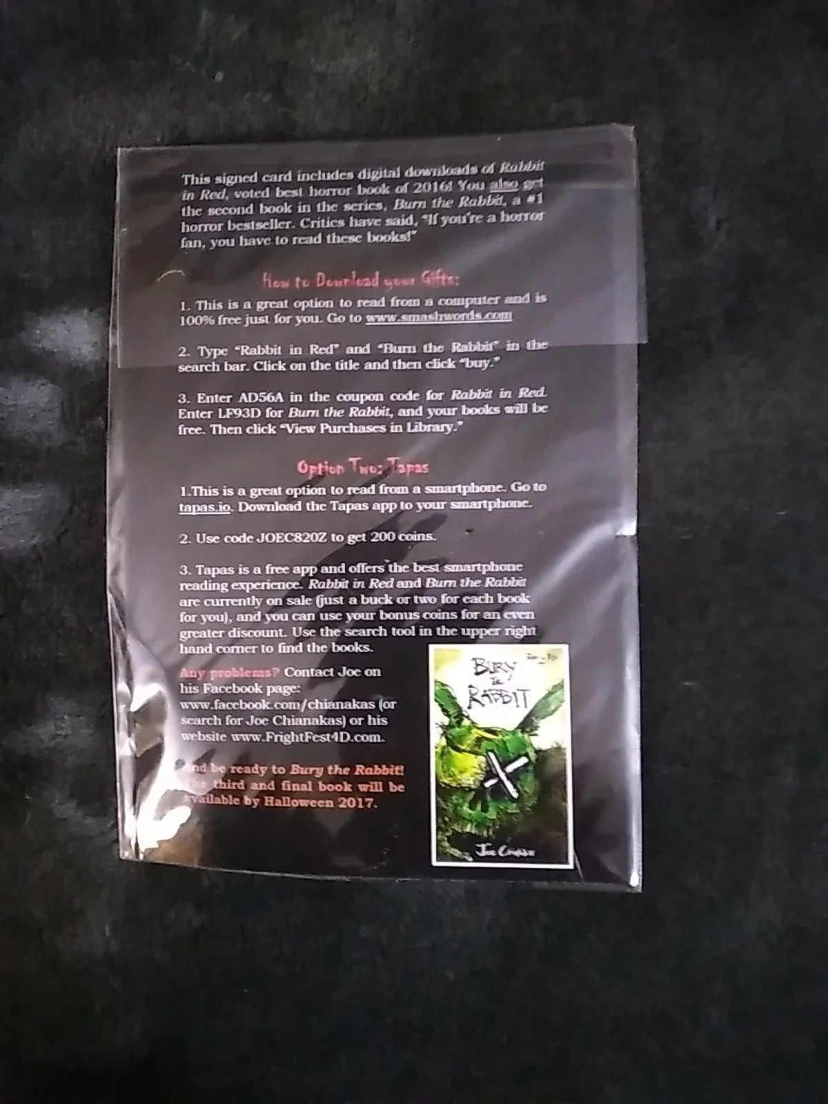 Joe Chianakas — Signed Card - Burn The Rabbit Author Hand Signed By JOE CHIANAKAS, image 3