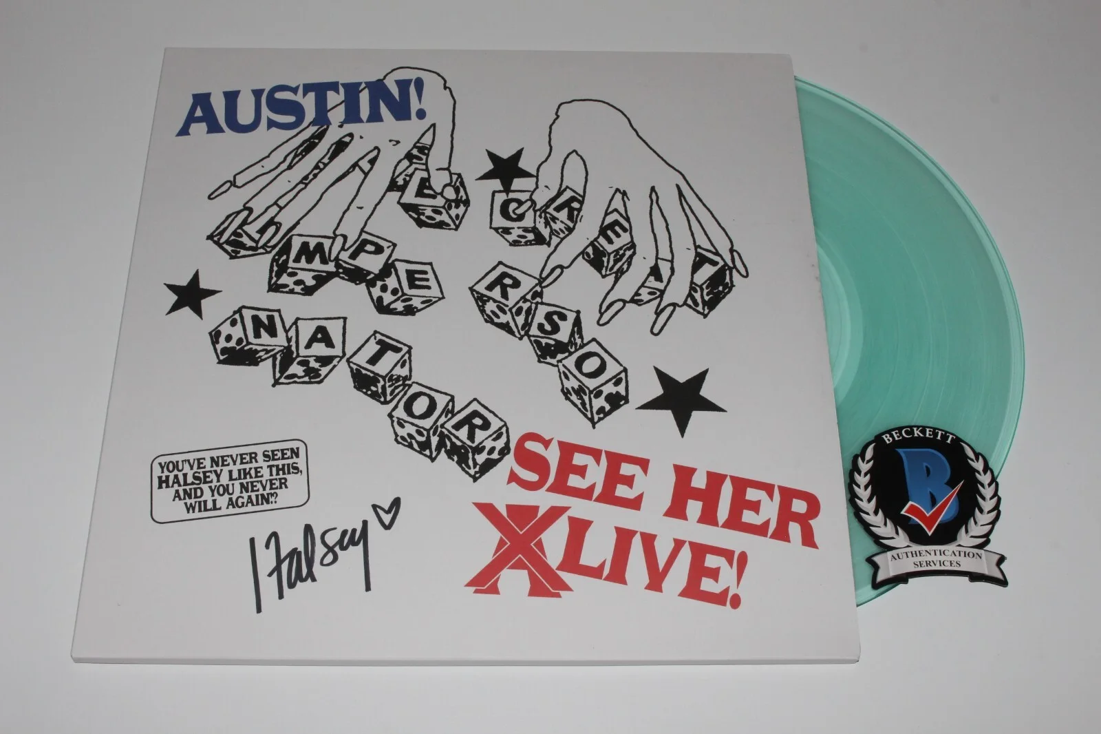 HALSEY SIGNED THE GREAT IMPERSONATOR ALBUM AUSTIN SHOW TEAL LP VINYL BECKETT COA, изображение 5