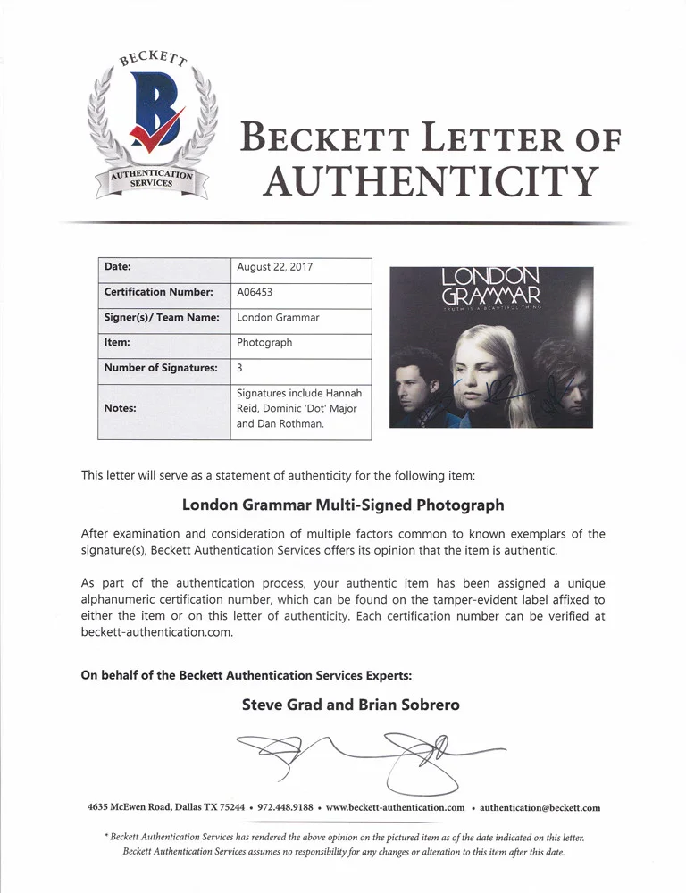 London Grammar — London Grammar Complete Band Signed Autograph 8x10 Photo Beckett BAS COA #1, image 3