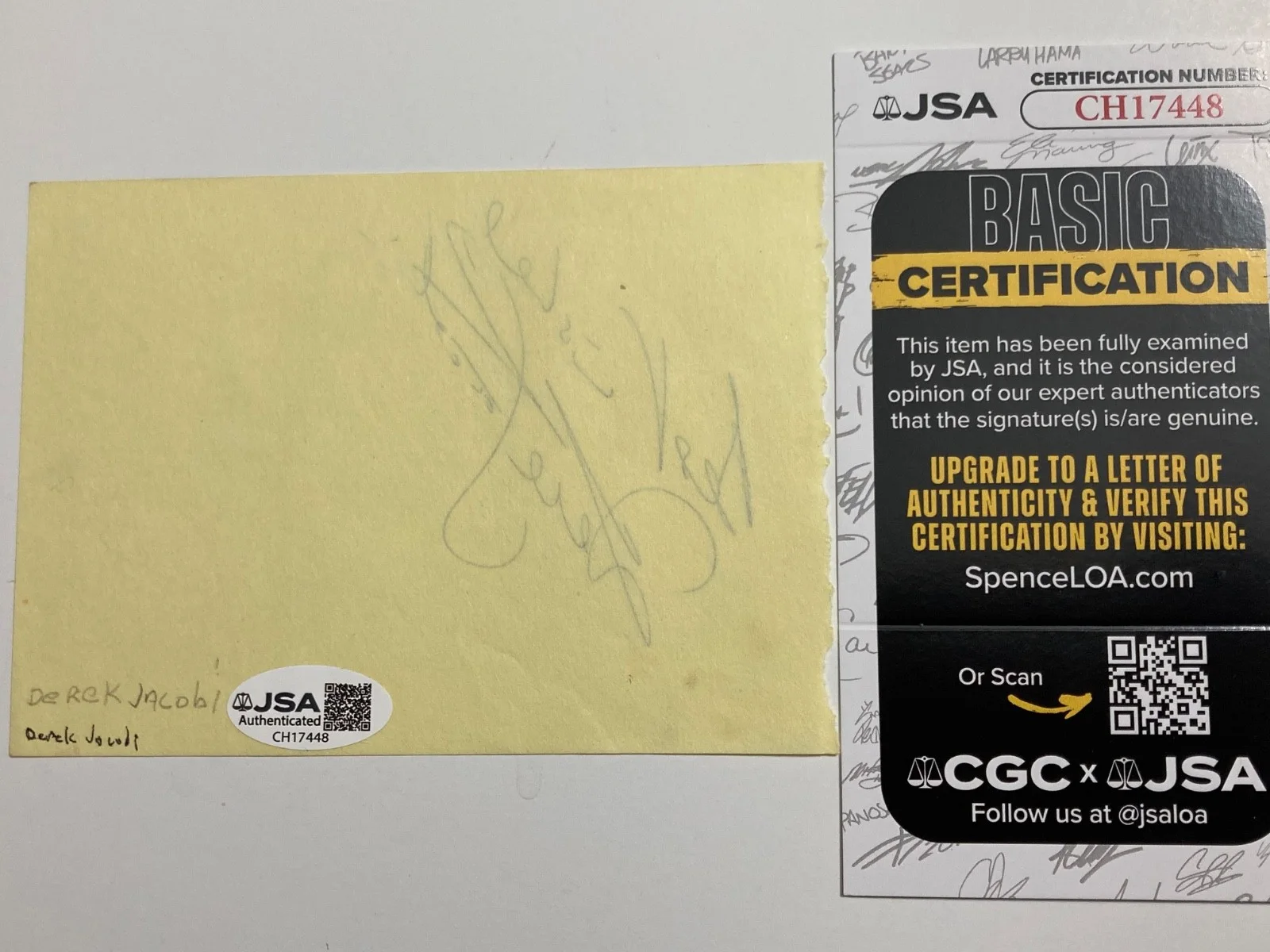 DEREK JACOBI — DEREK JACOBI signed 3.5x5 paper "I, CLAUDIUS", "GOSFORD PARK" JSA#CH17448, изображение 2