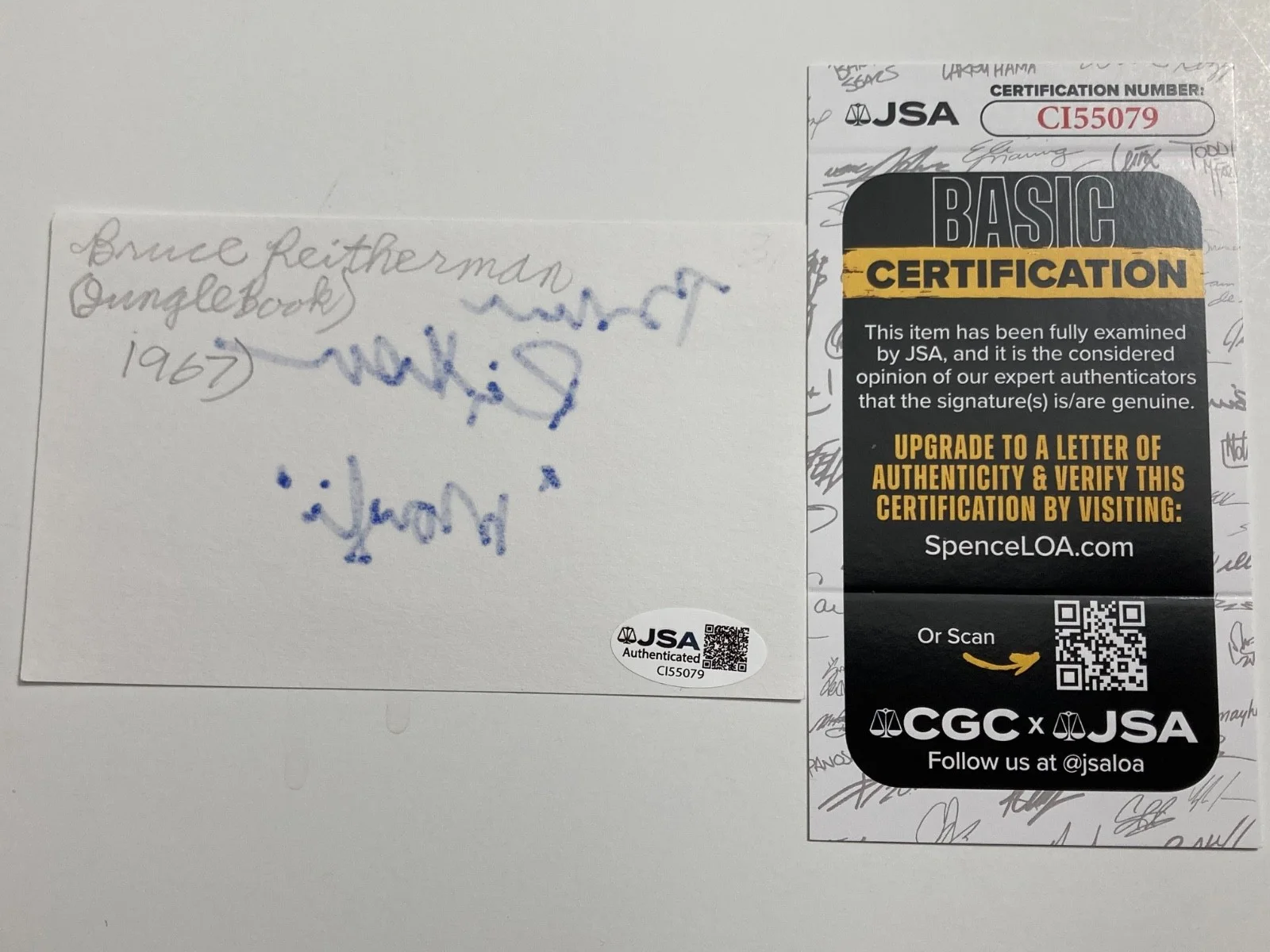 BRUCE REITHERMAN — BRUCE REITHERMAN signed 3x5 card VOICE OF "MOWGLI THE MAN CUB" JSA#CI55079, изображение 2