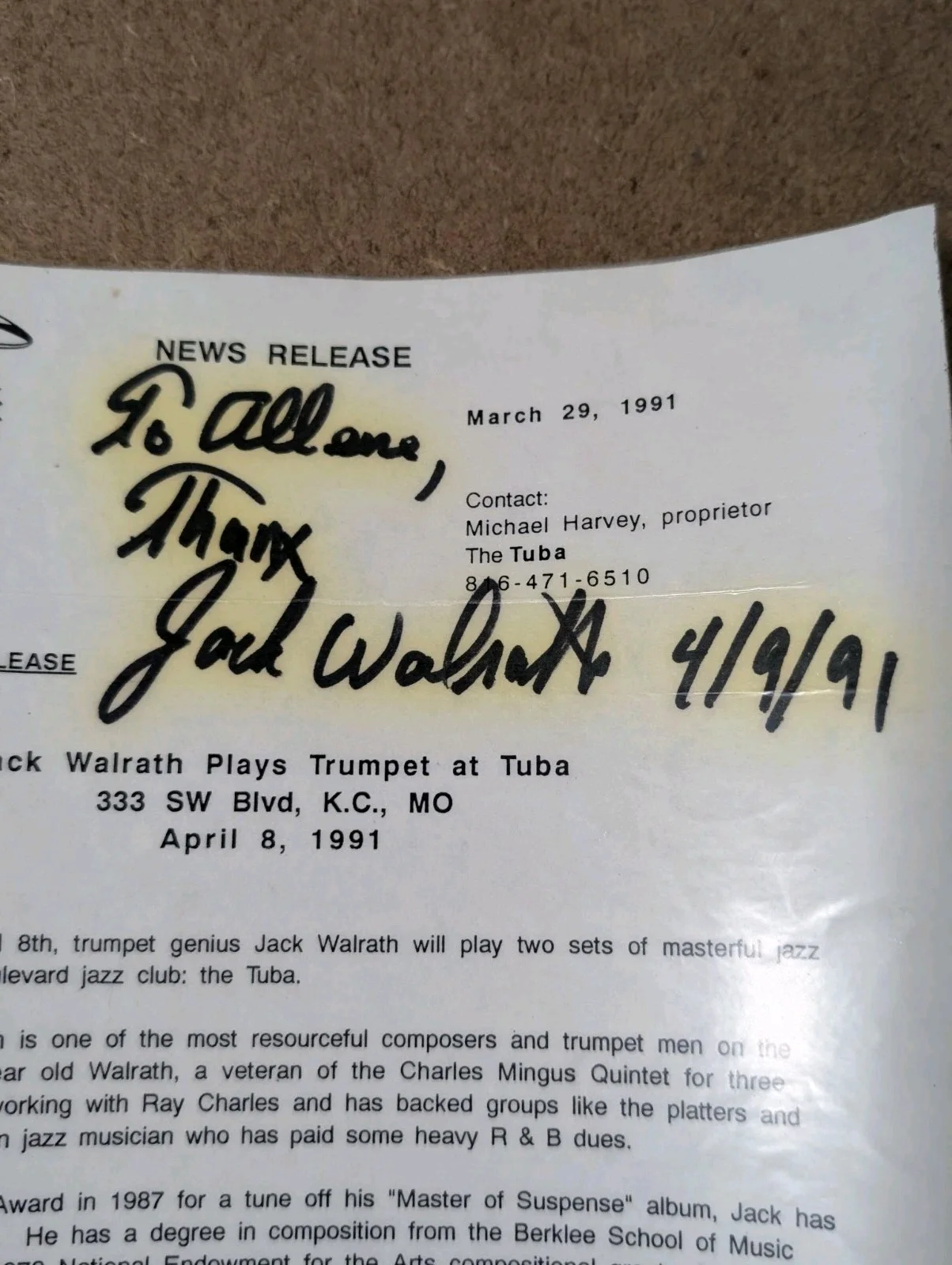 Jack Walrath Signed 8x10 Flyer Jazz Trumpet Legend Autograph, изображение 2