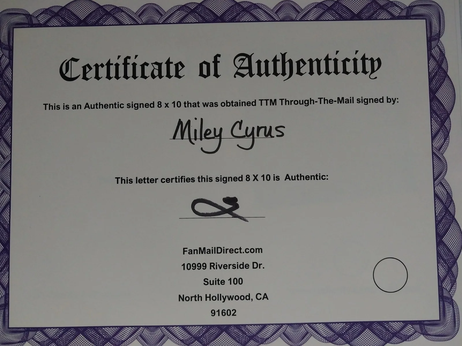 Miley Cyrus Autographed 8x10 Photo Original Matte Finish COA Genuine, image 3