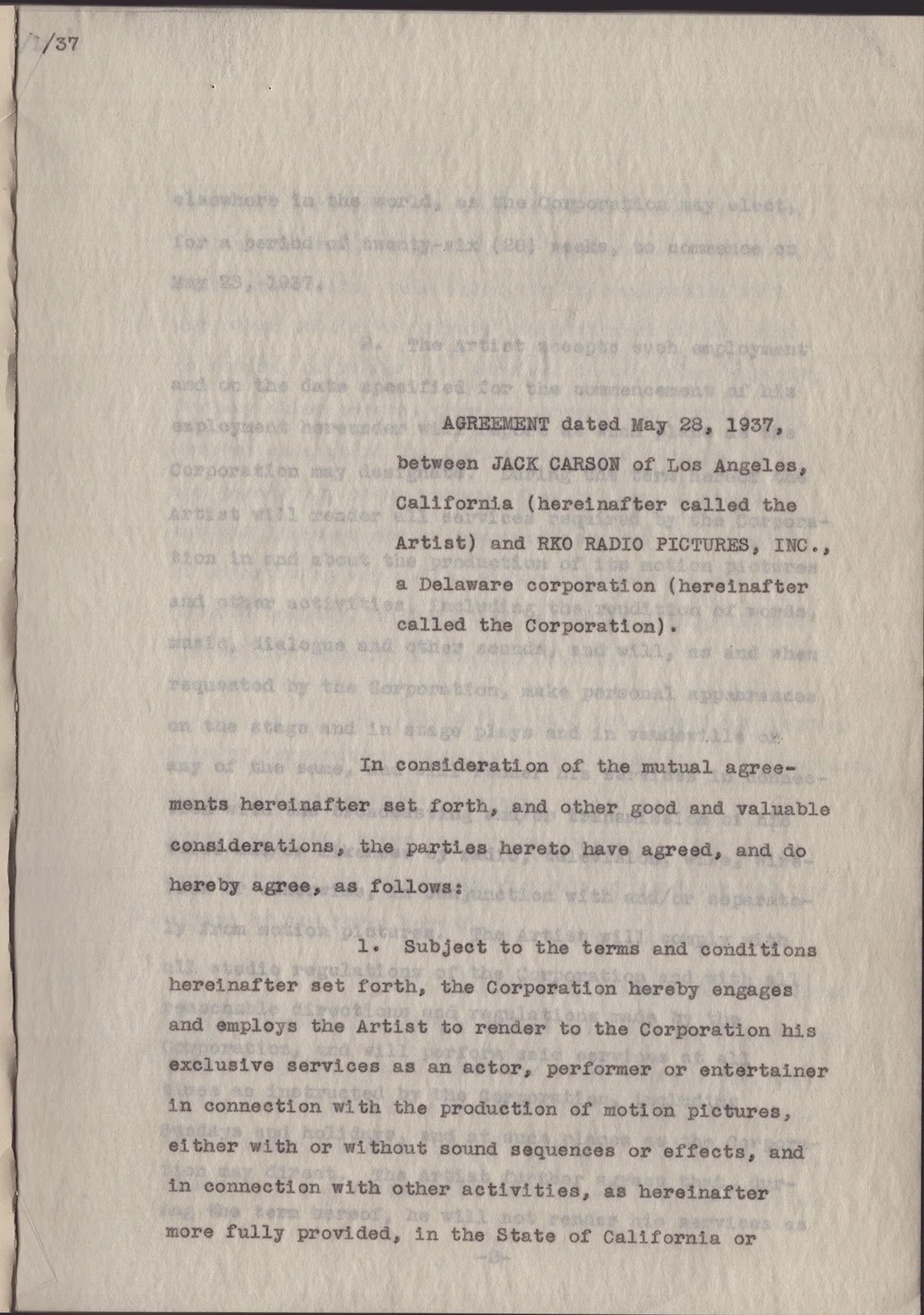 Jack Carson — JACK CARSON - CONTRACT MULTI-SIGNED 05/28/1937, image 2