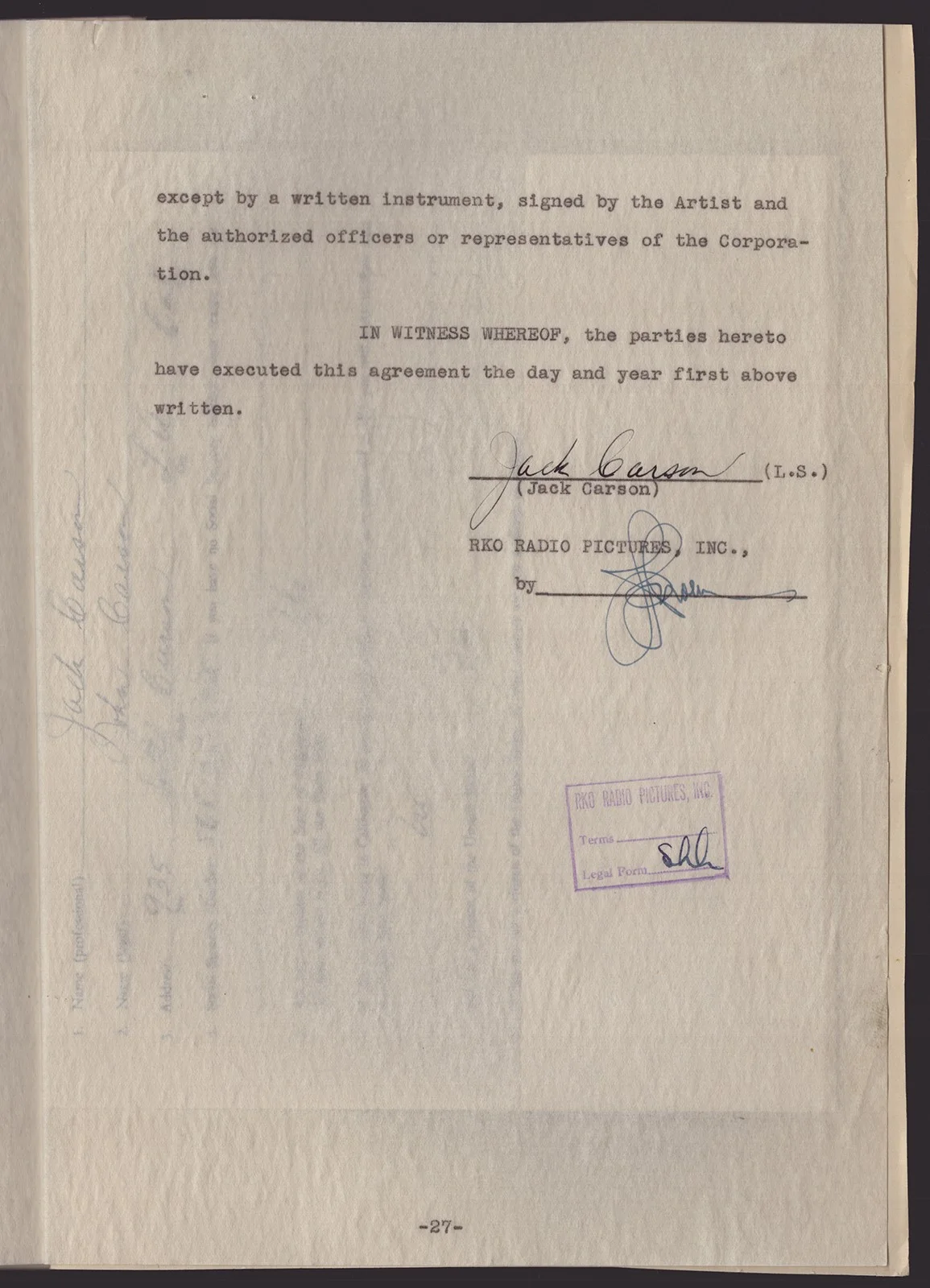 Jack Carson — JACK CARSON - CONTRACT MULTI-SIGNED 05/28/1937, image 3