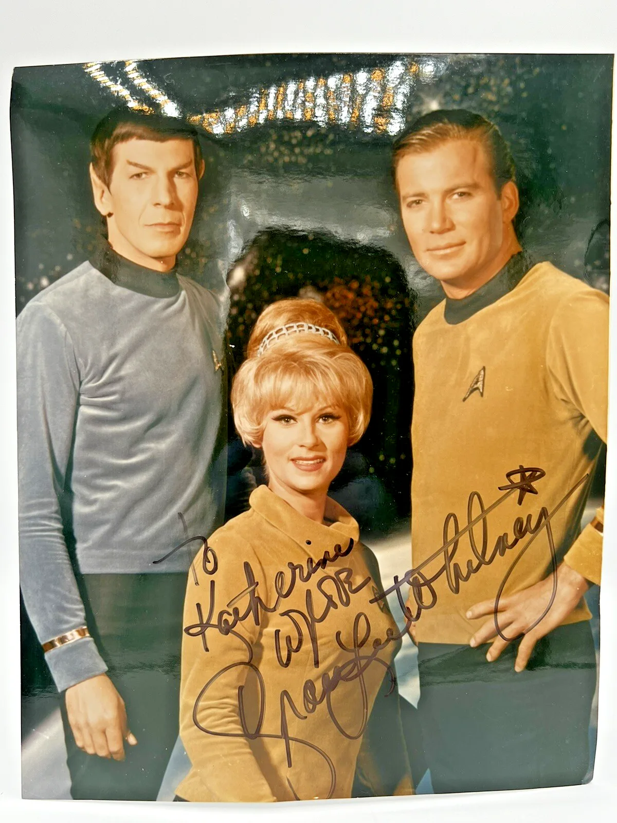 Grace Lee Whitney — Grace Lee Whitney Signed Photo as Janice Rand w/ Kirk & Spock Star Trek, image 3