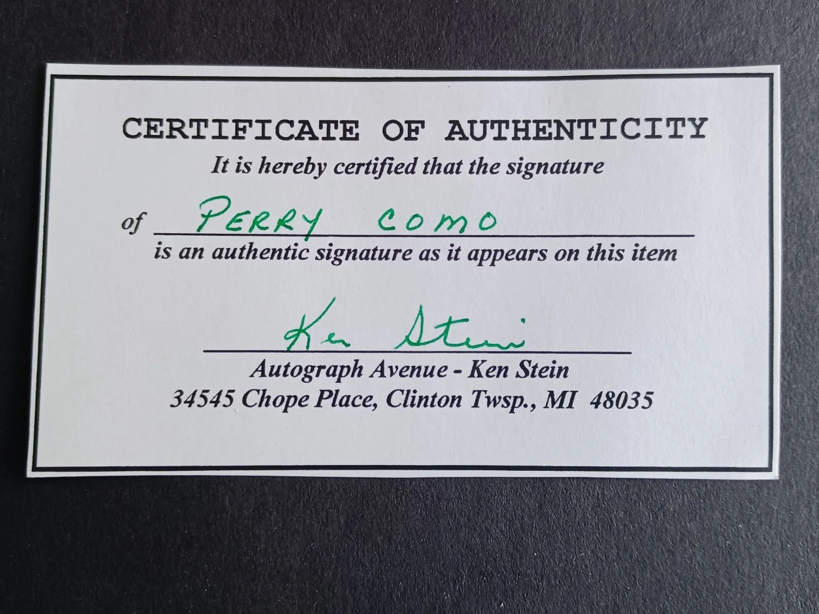 Perry Como (d. 2001) Signed Index Card w/COA - Singer, Actor - H, image 2