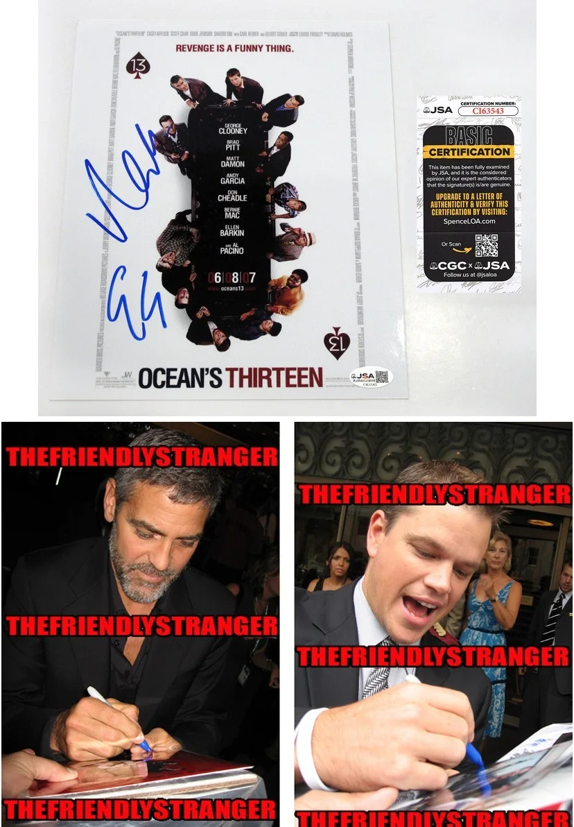 GEORGE CLOONEY & MATT DAMON — George Clooney & Matt Damon signed "OCEAN'S 13" 8x10 Photo PROOF a JSA COA