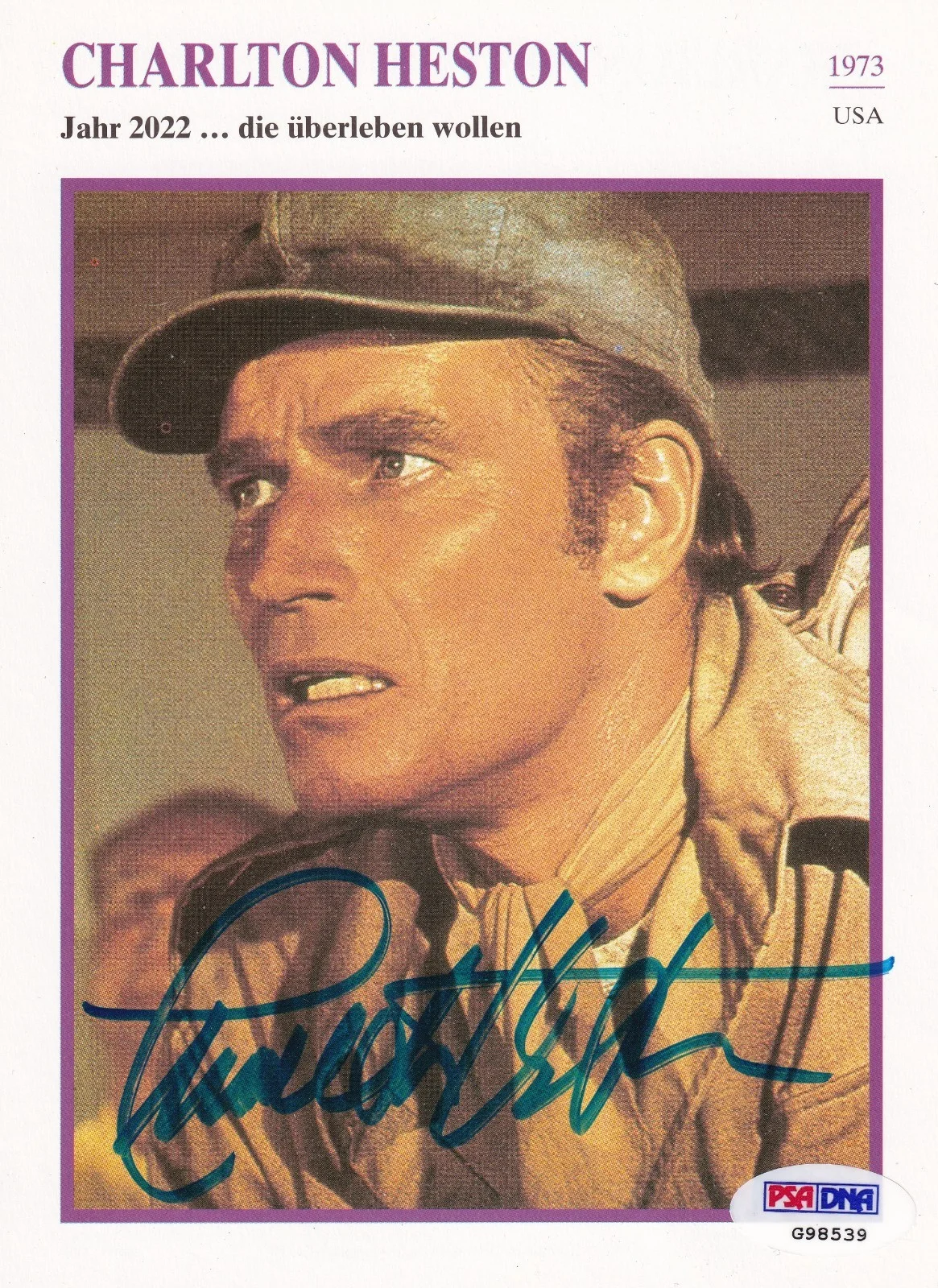 Charlton Heston — Charlton Heston Signed Soylent Green German 5.25x7 Photo Card PSA/DNA COA Auto'd
