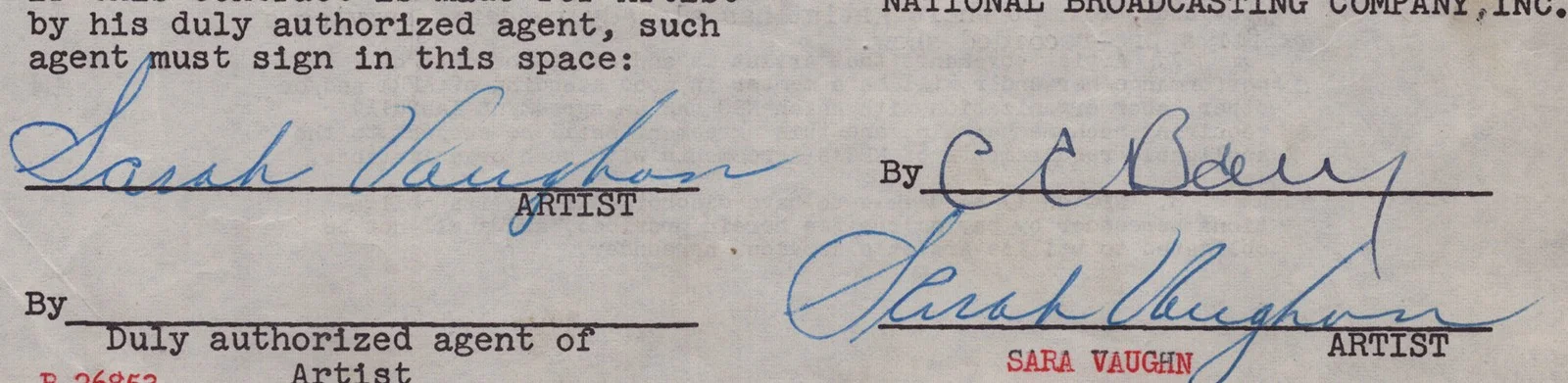 Sarah Vaughan — SARAH VAUGHAN - DOCUMENT DOUBLE SIGNED 12/03/1951, image 2