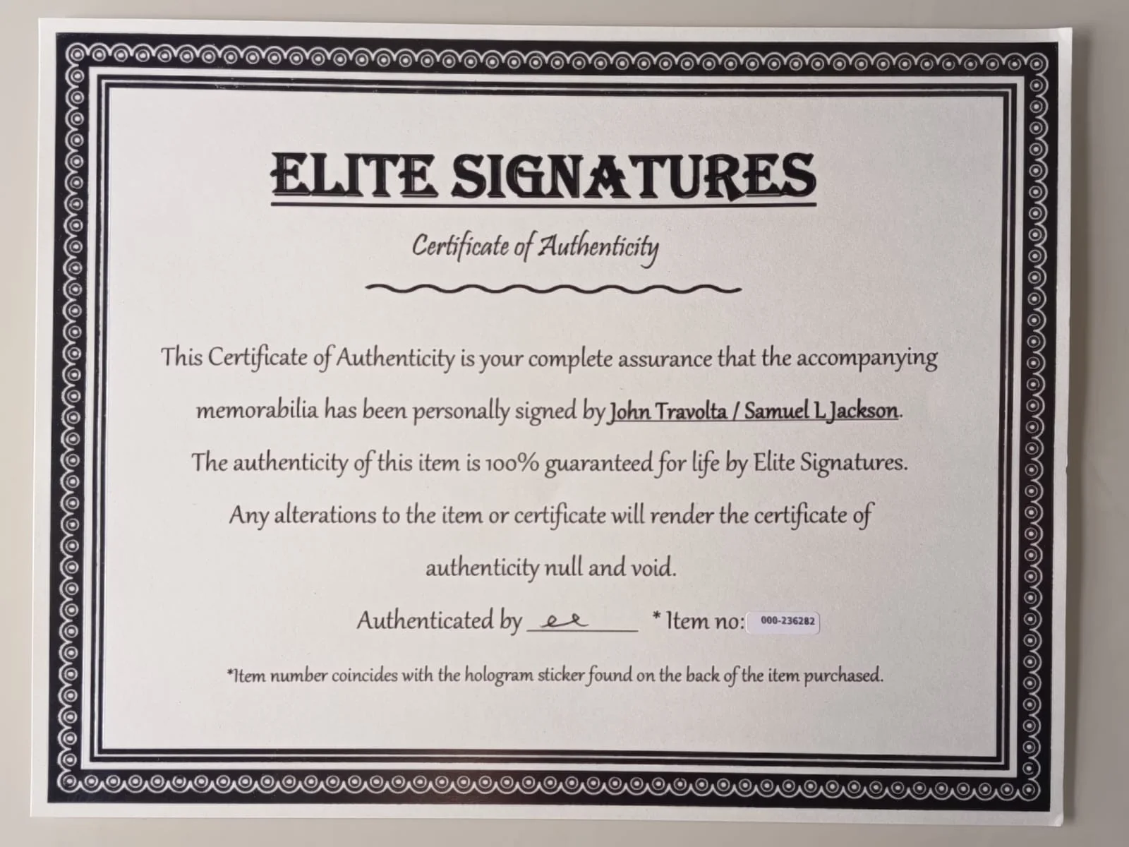 John Travolta / Samuel L. Jackson — John Travolta / Samuel L. Jackson (Pulp Fiction) Hand Signed Photo + COA, image 2