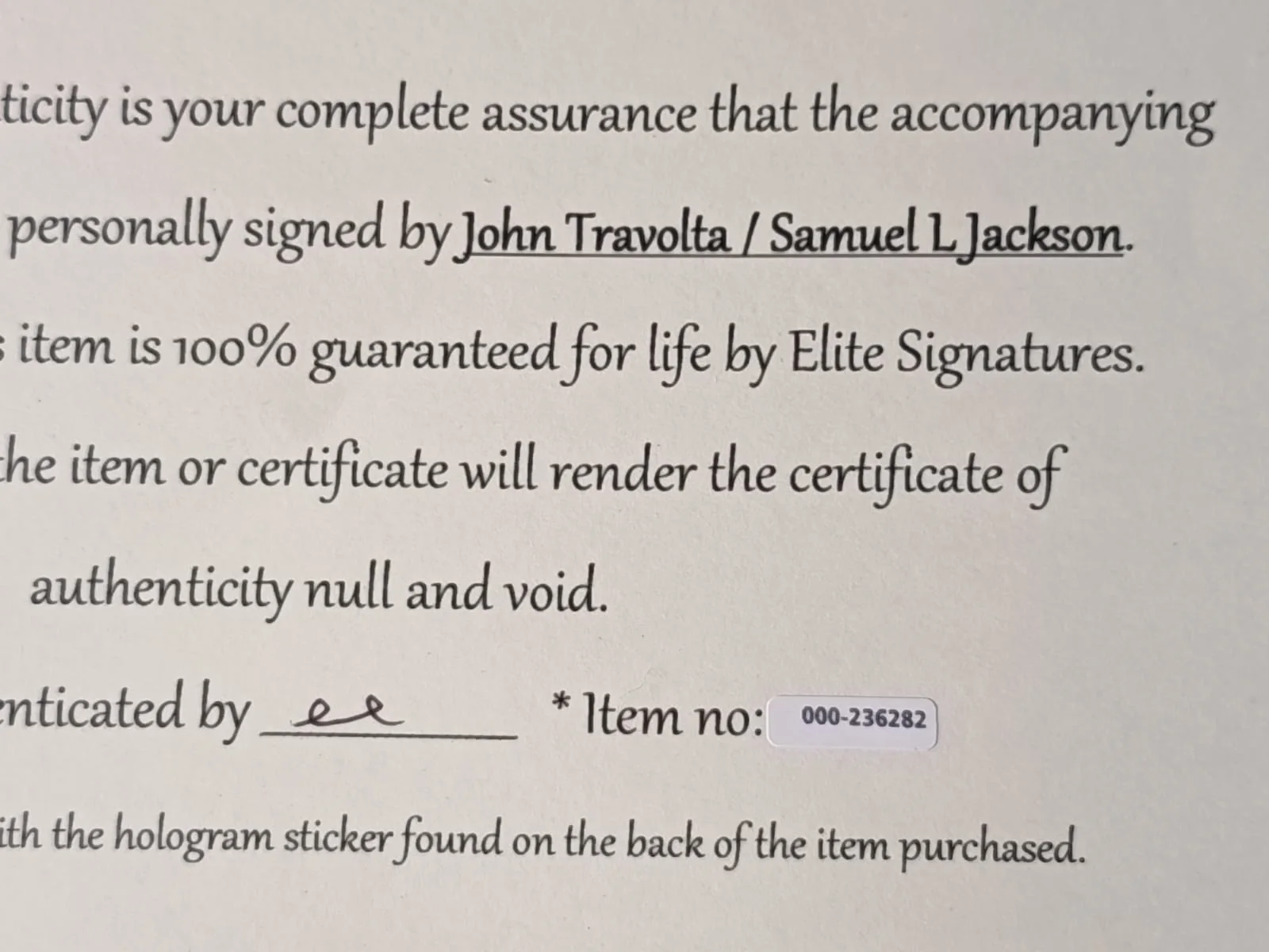 John Travolta / Samuel L. Jackson — John Travolta / Samuel L. Jackson (Pulp Fiction) Hand Signed Photo + COA, image 5