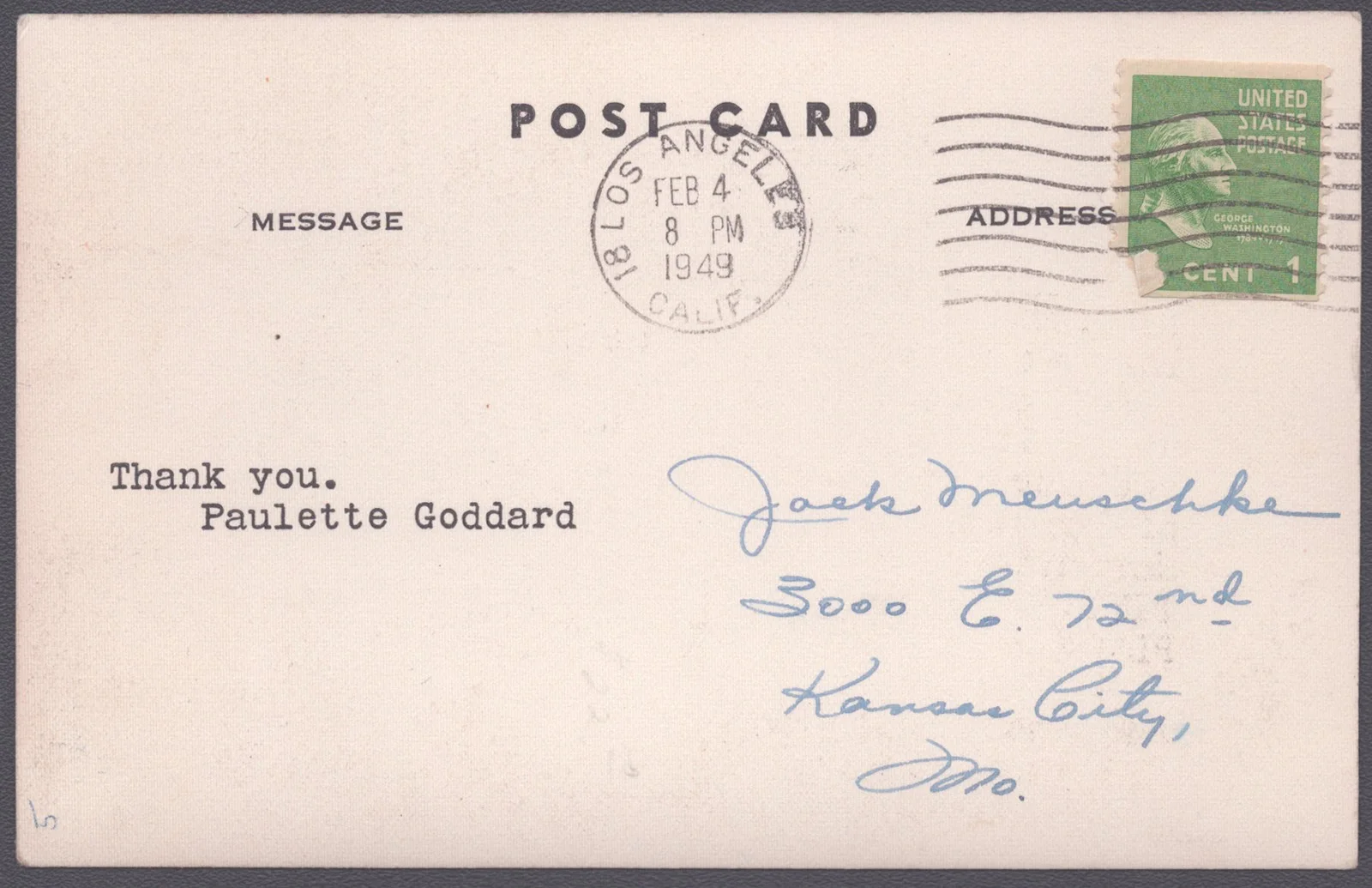 Paulette Goddard — PAULETTE GODDARD - PICTURE POST CARD SIGNED 02/04/1949, изображение 3
