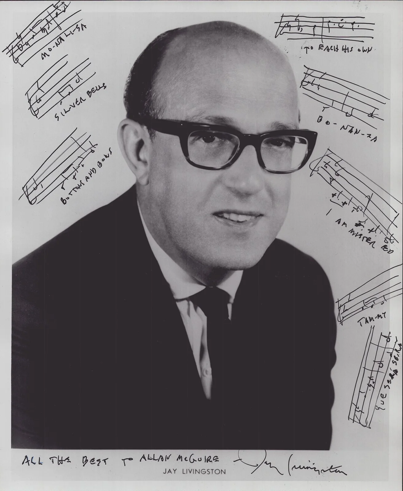 Jay Livingston — JAY LIVINGSTON - INSCRIBED MUSICAL QUOTATION ON PHOTO SIGNED