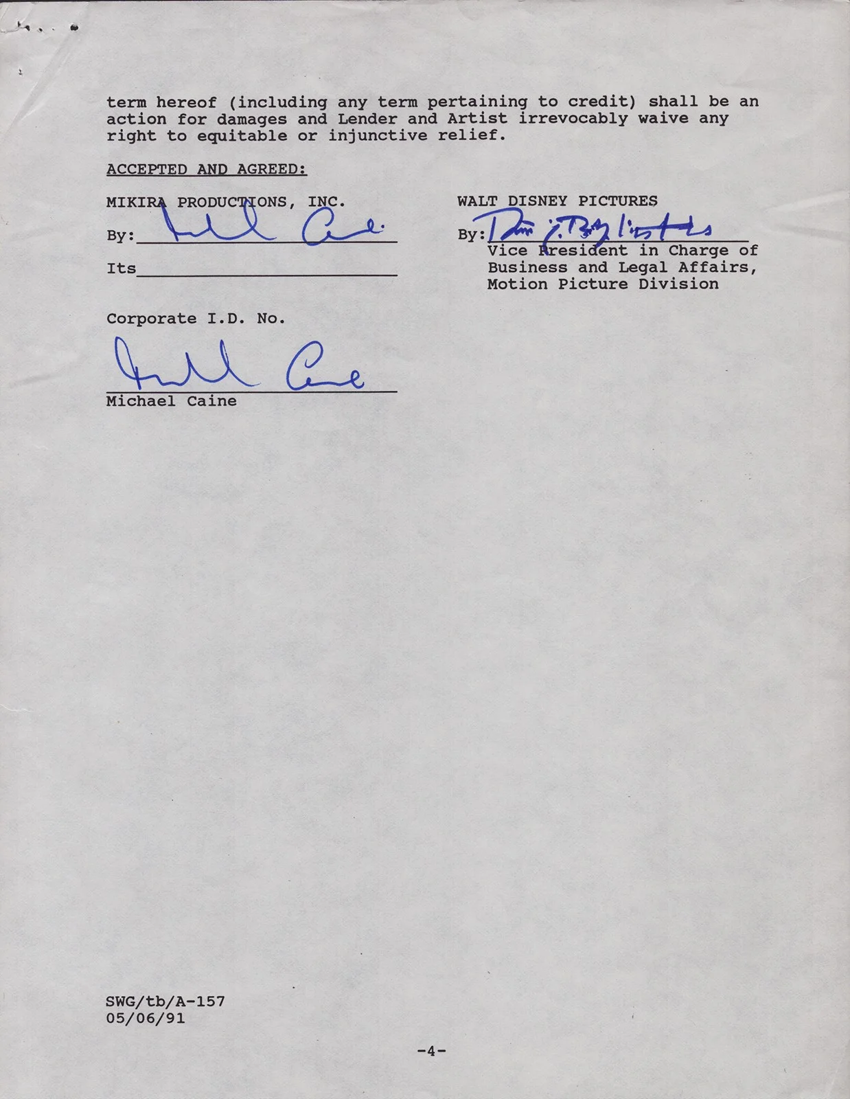 Michael Caine — MICHAEL CAINE - DOCUMENT DOUBLE SIGNED 01/28/1991, image 4