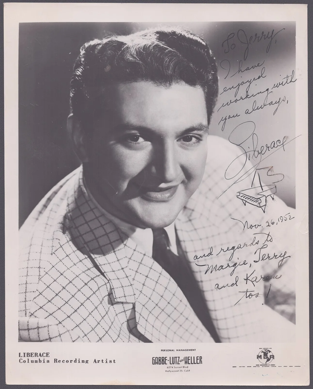 Liberace — LIBERACE - AUTOGRAPHED INSCRIBED PHOTOGRAPH 11/26/1952