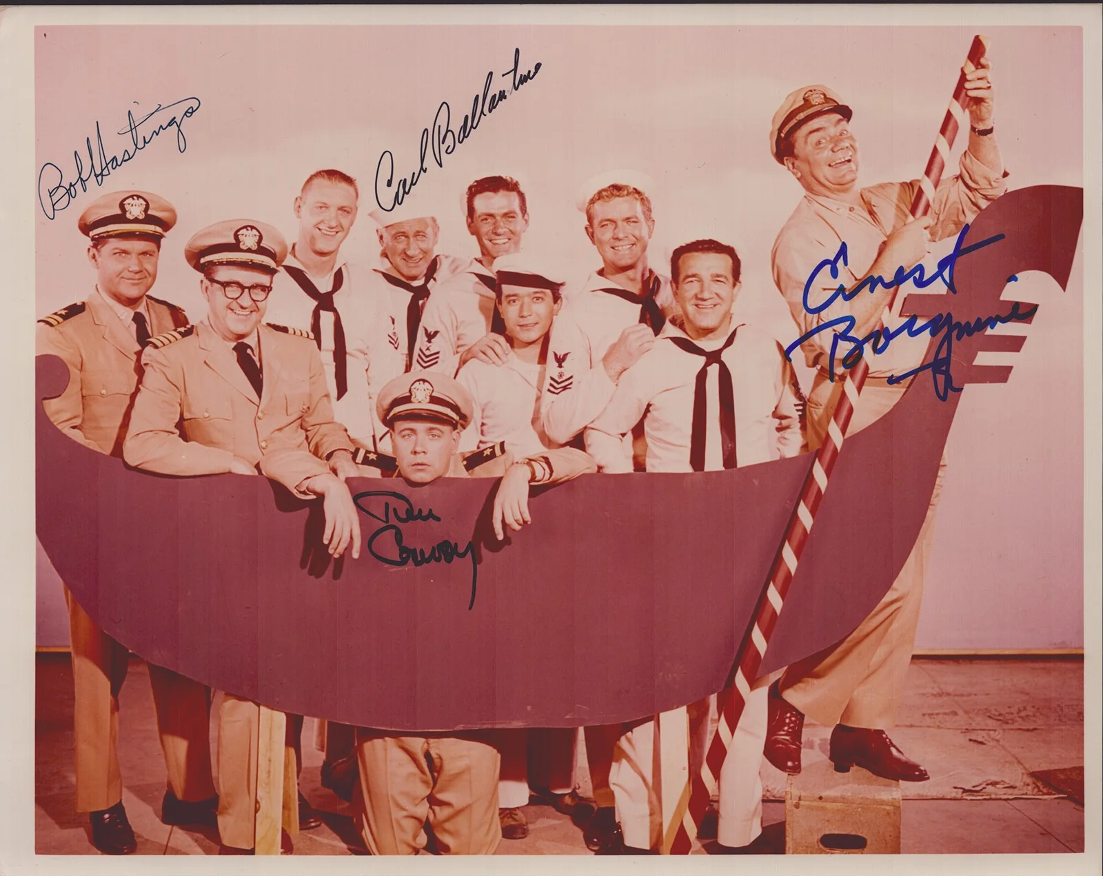 Bob Hastings, Carl Ballantine, Ernest Borgnine, Tim Conway — McHALE''S NAVY TV CAST - AUTOGRAPHED SIGNED PHOTOGRAPH WITH CO-SIGNERS