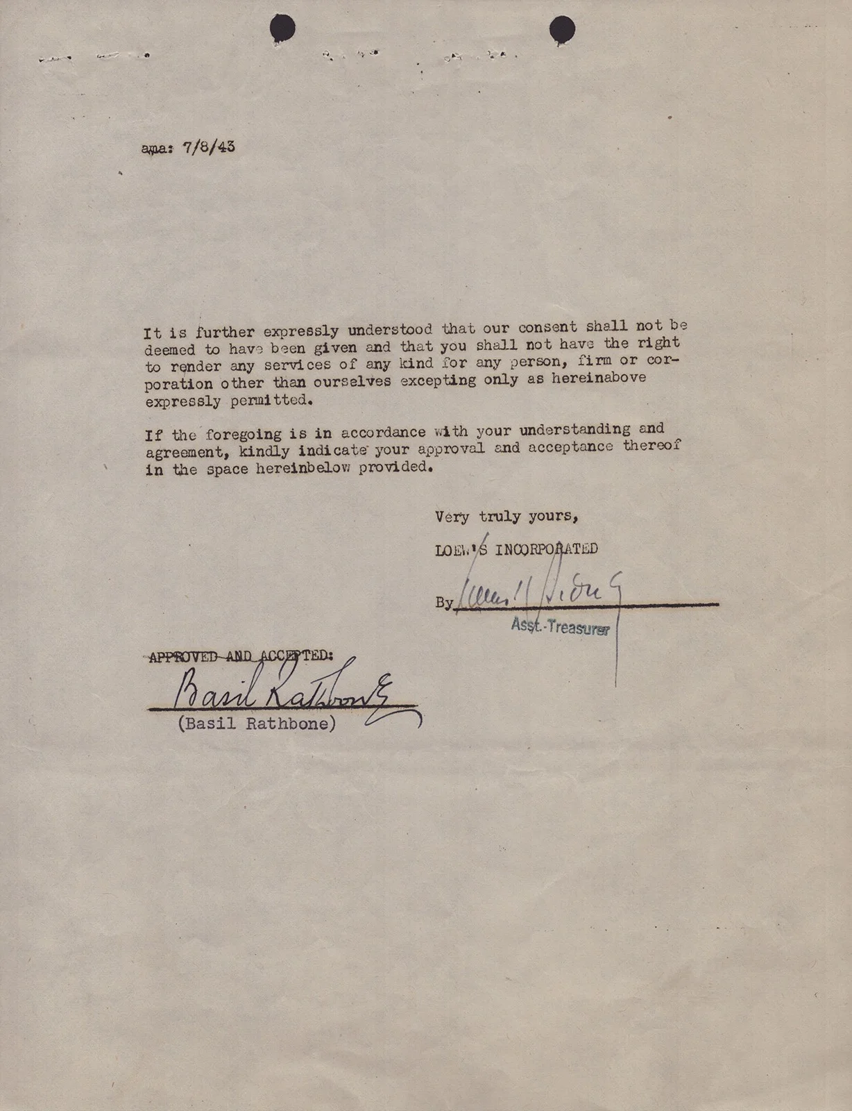 Basil Rathbone — BASIL RATHBONE - DOCUMENT SIGNED 04/12/1946, image 2