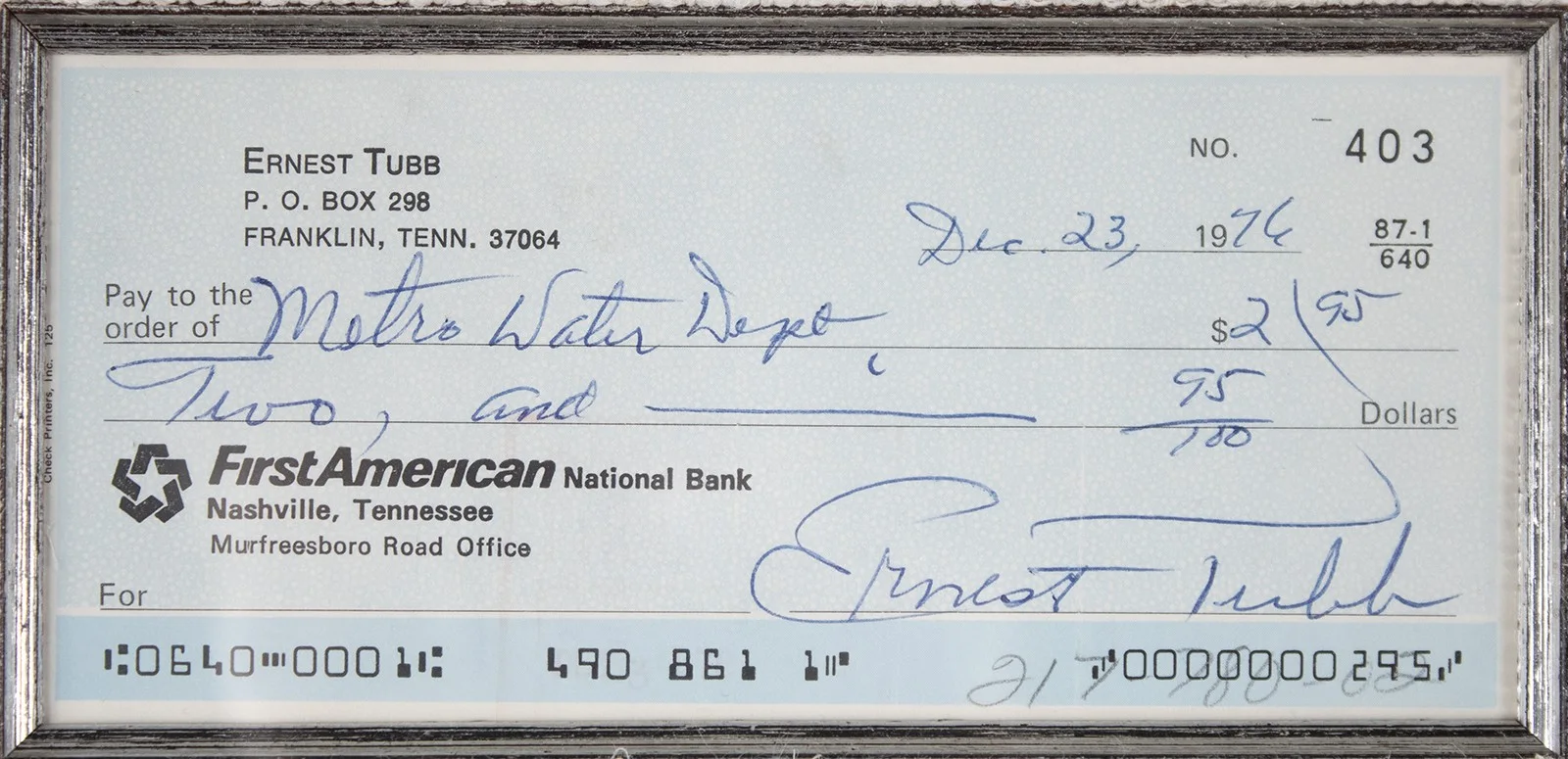Ernest Tubb — ERNEST TUBB - CHECK SIGNED 12/23/1976, image 2