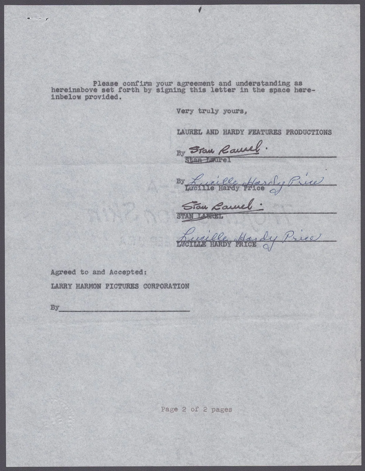 Stan Laurel, Lucille Hardy Price — LAUREL & HARDY (STAN LAUREL) - DOCUMENT SIGNED 1962 WITH CO-SIGNERS, image 2