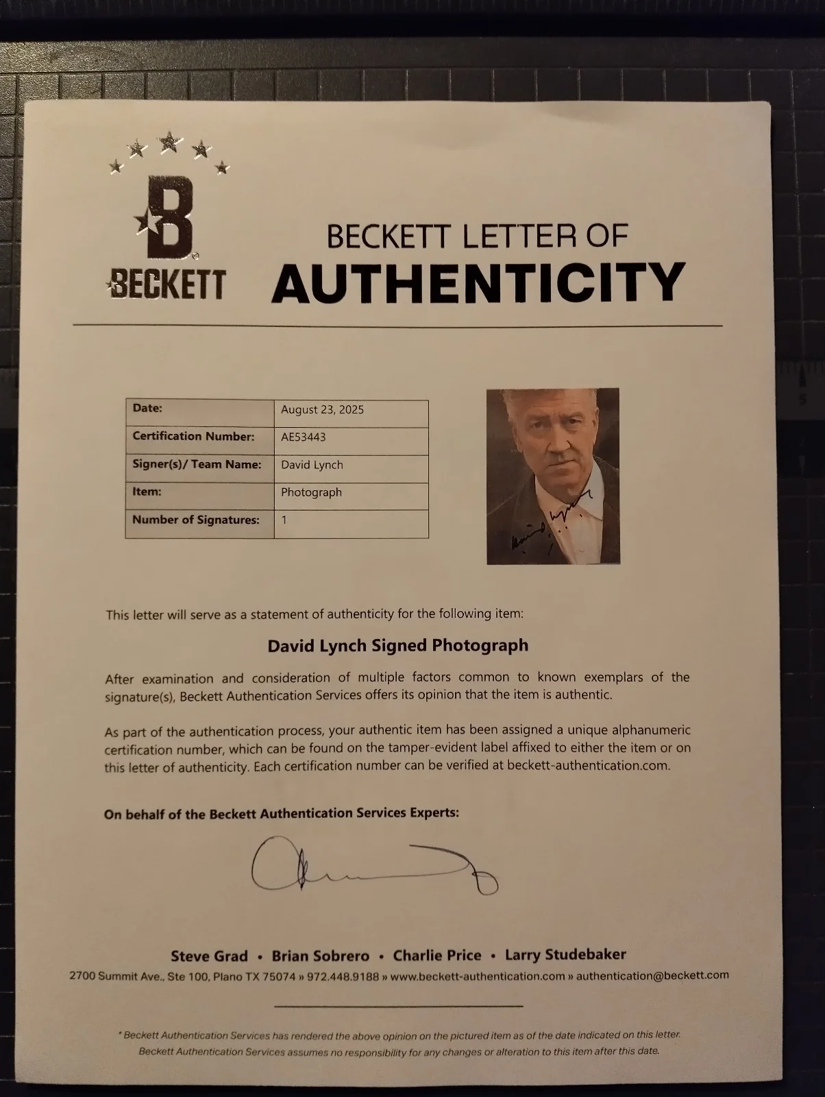 David Lynch signed 8x10 COA BECKETT, image 2