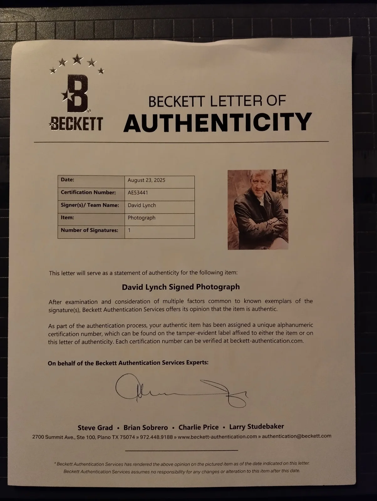 David Lynch signed 8x10 COA BECKETT, image 2