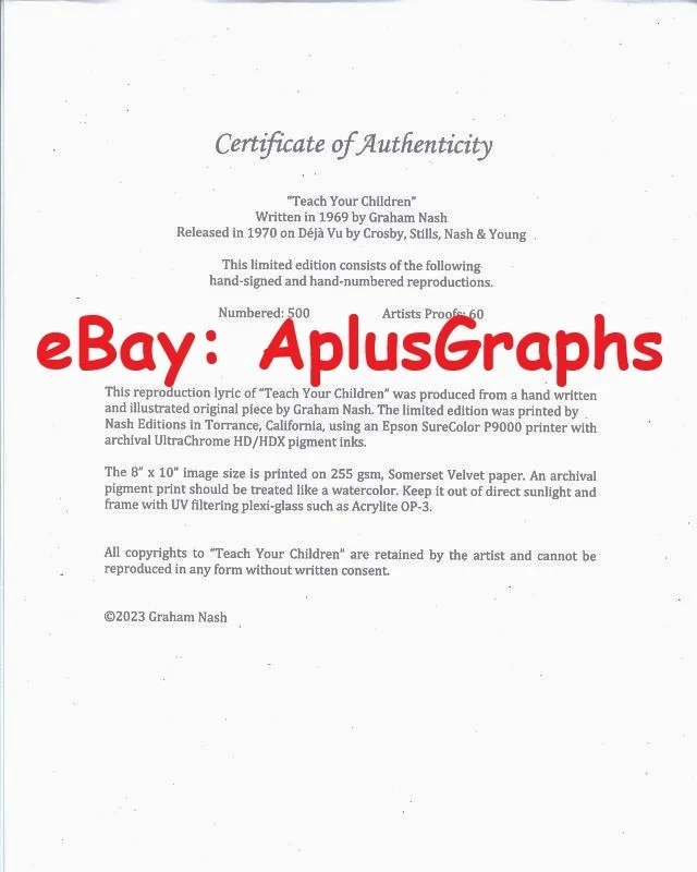 GRAHAM NASH... Teach Your Children Lmtd Edtn Lyrics Print - SIGNED, изображение 2
