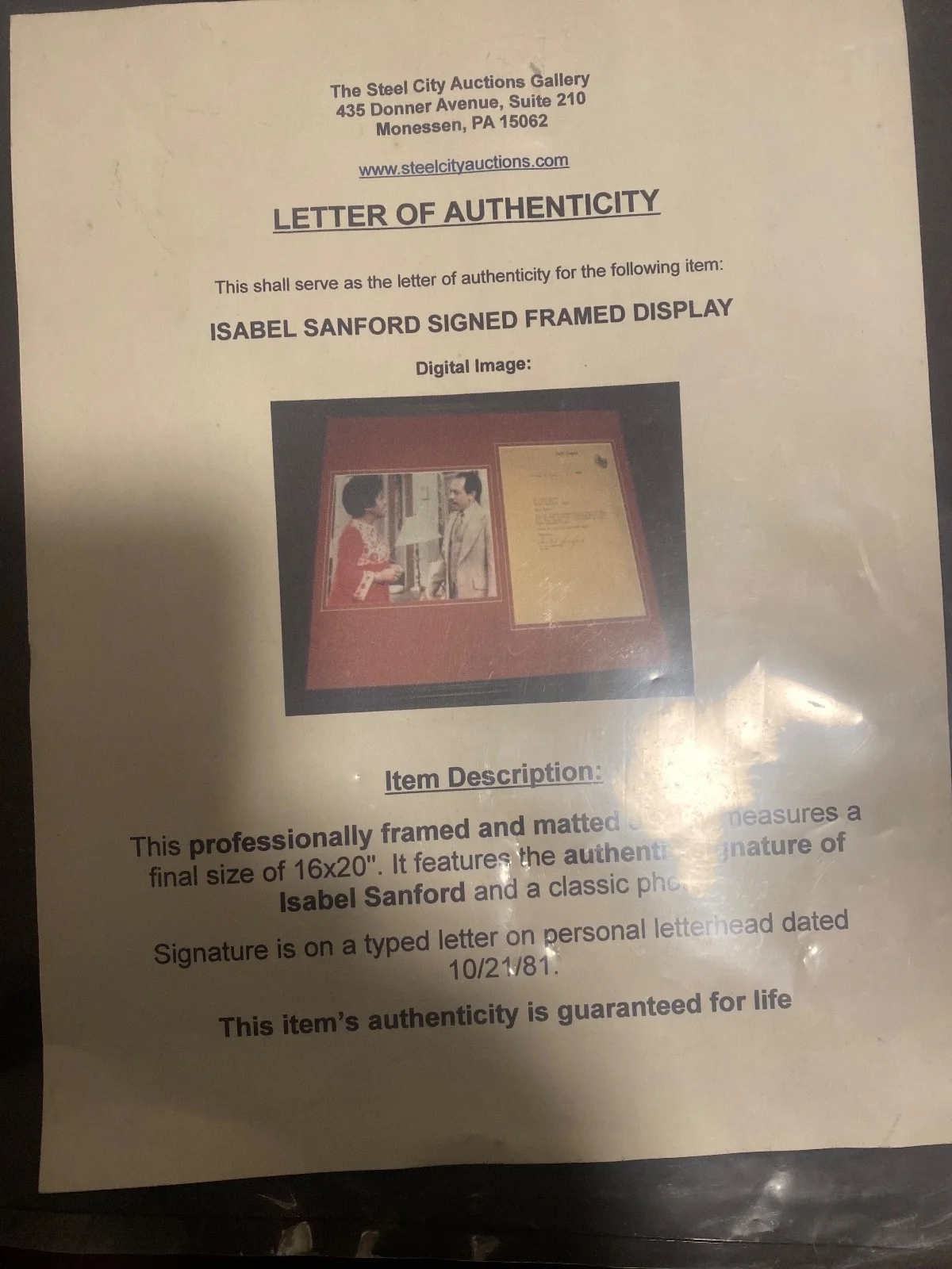 1981 Isabel Sanford signed letter and photo framed professionally, image 2