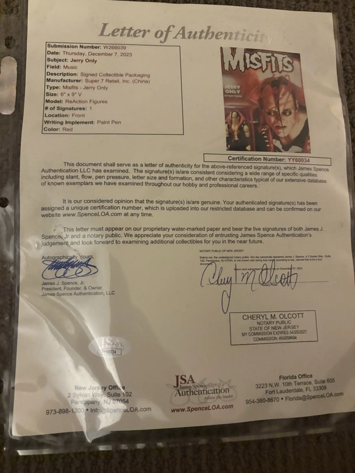 JERRY ONLY SIGNED MISFITS REACTION FIGURE W/ JSA Letter, image 3