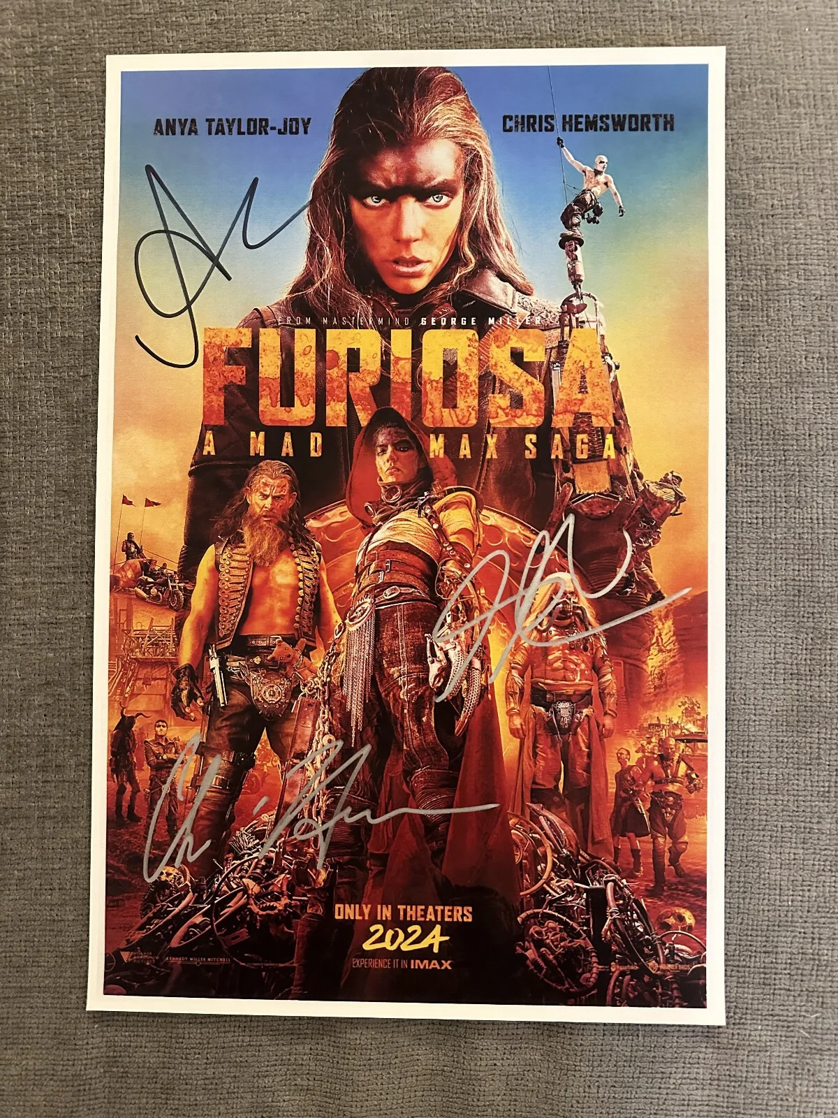 Anya Taylor-Joy, Chris Hemsworth, George Miller — Furiosa 11x17 Movie Poster *3X SIGNED* Taylor-Joy + Hemsworth + Miller w/ COA