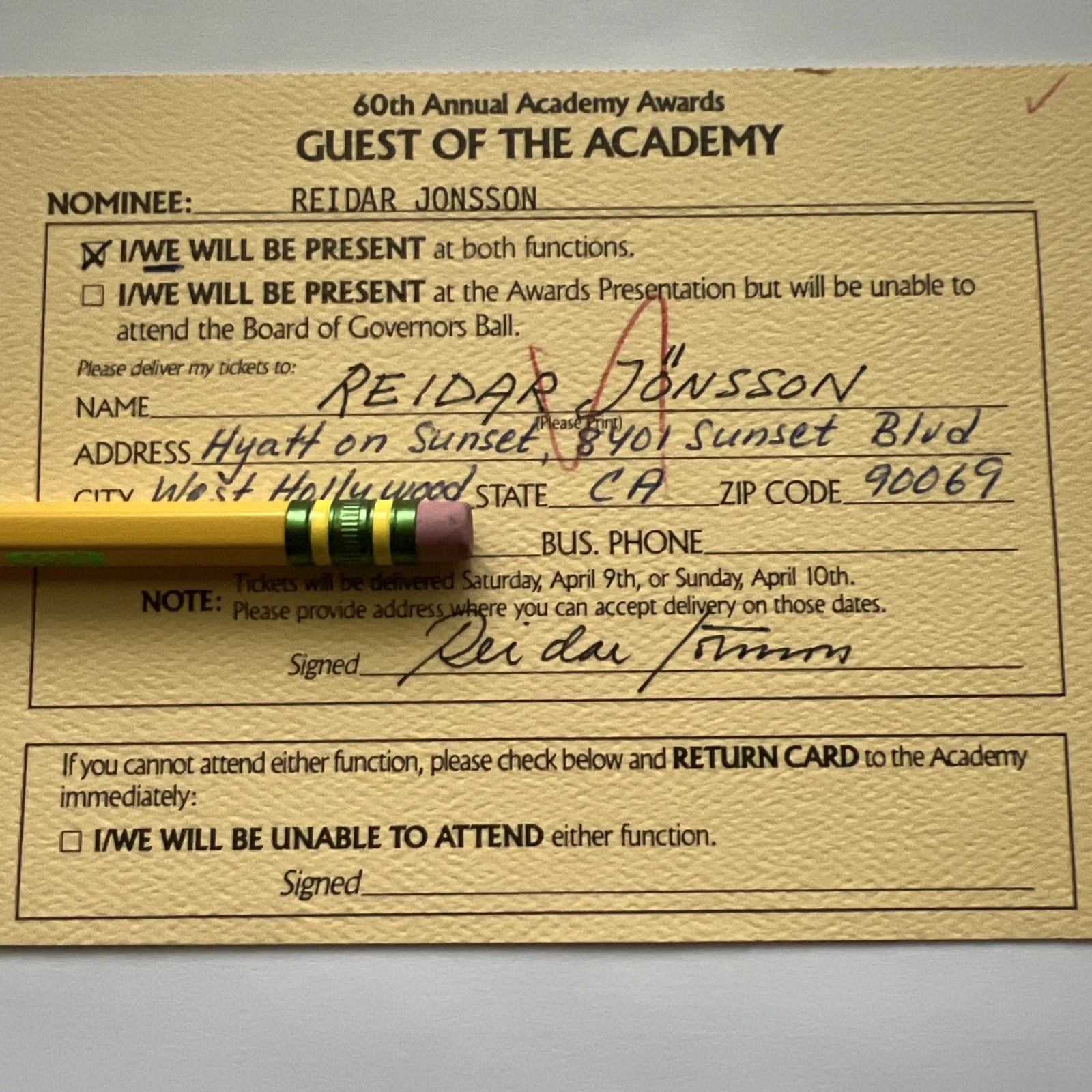 Reidar Jonsson 60th Academy Awards Oscars return card my life as a dog autograph, image 2