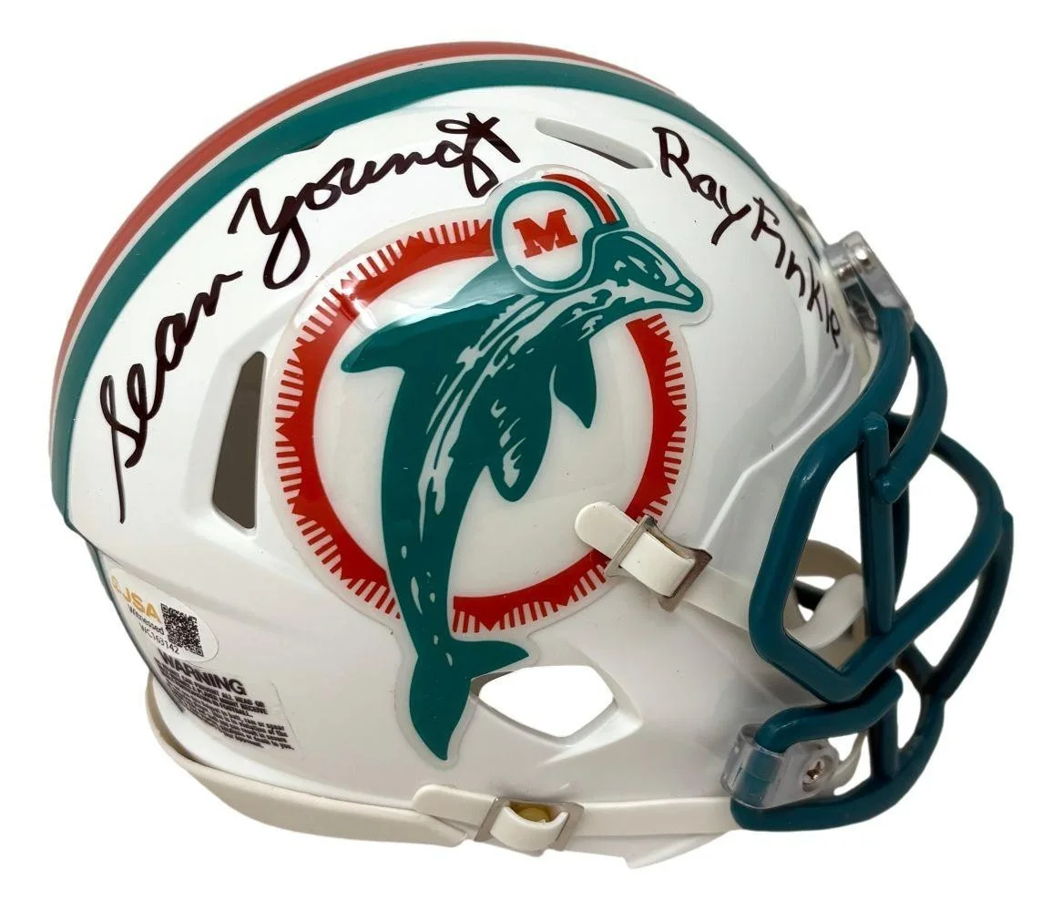 Sean Young / Lt. Lois Einhorn / Ray Finkle — Sean Young Signed Ace Ventura Miami Dolphins Mini Helmet Inscribd Ray Finkle JSA