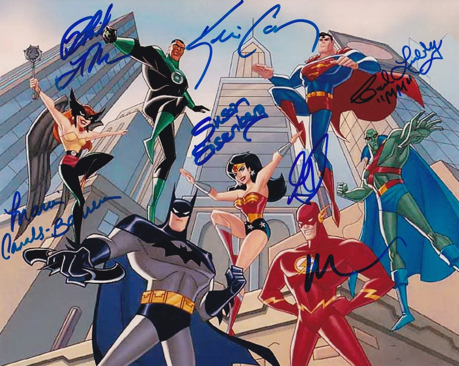 Kevin Conroy + Canals/Eisenberg/Lamarr/Lumbly/Newbern/Rosenbaum — Rare SIGNED 8x10 - "JUSTICE LEAGUE" Animated COMPLETE CAST 7x Autographs +Conroy