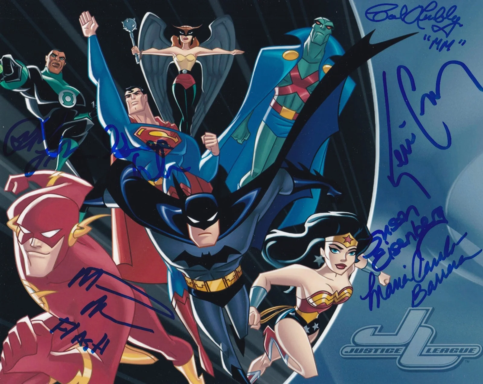 Kevin Conroy + Canals/Eisenberg/Lamarr/Lumbly/Newbern/Rosenbaum — Raro FIRMADO 8x10 - "JUSTICE LEAGUE" REPARTO COMPLETO ANIMADO 7x Autógrafos + Conroy