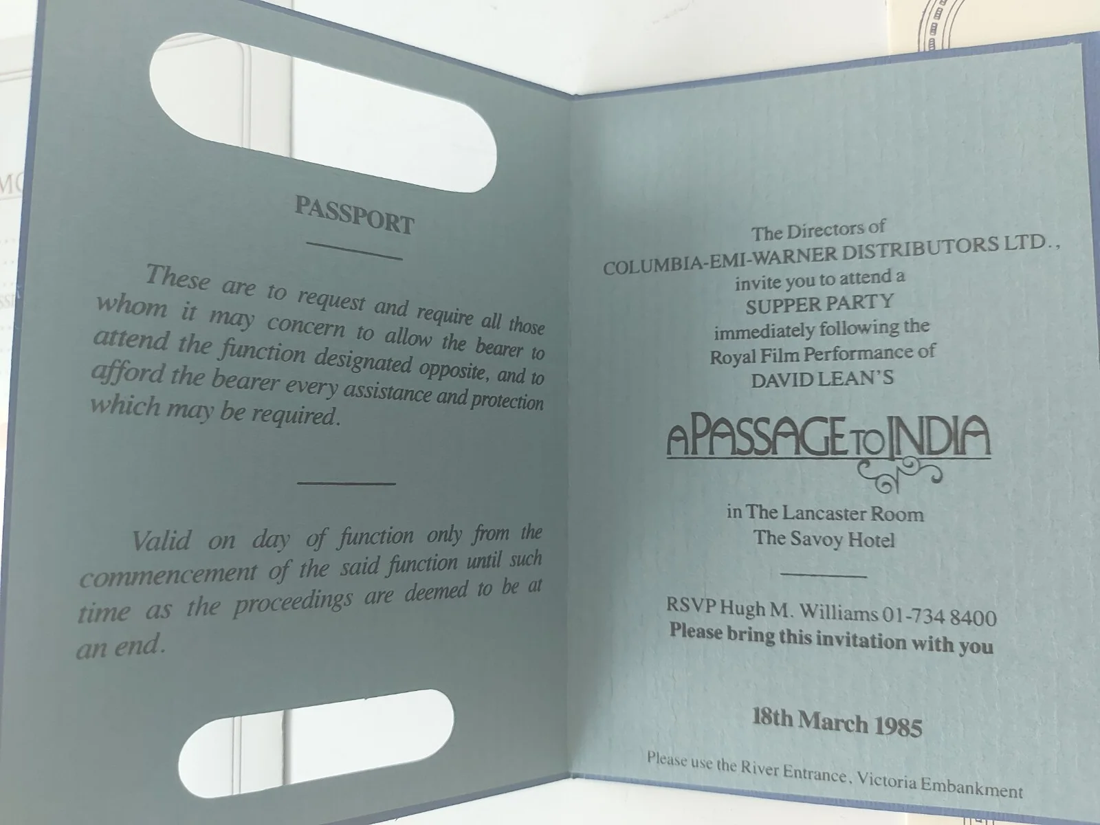 Passage To India 1984 Replica Passport Supper Party Invitation Menu + Ticket etc, изображение 4