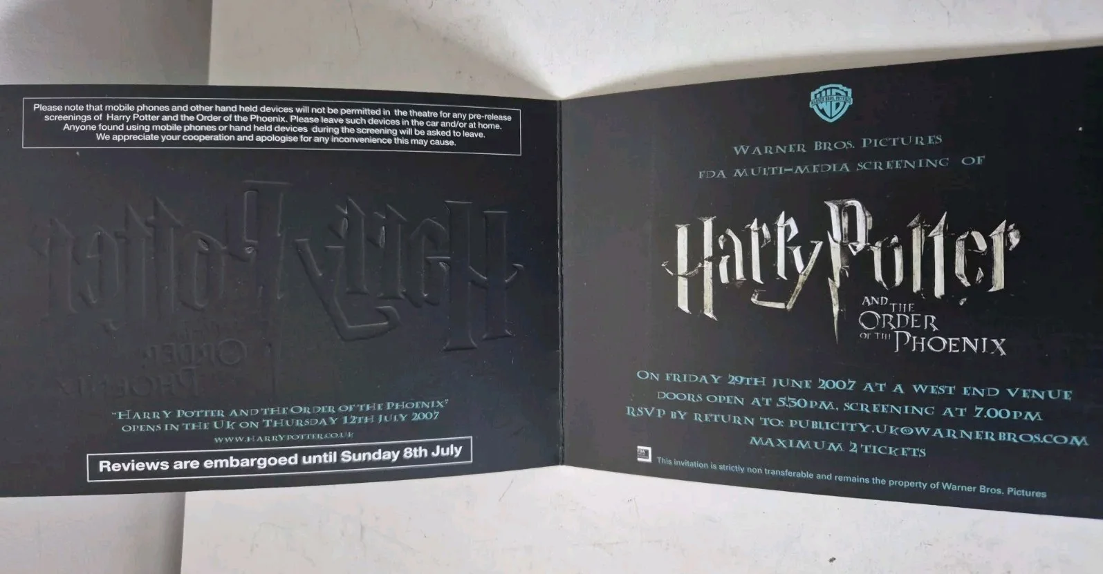Harry Potter And The Order Of The Phoenix Multi Media Ticket Invitation 2007, изображение 3