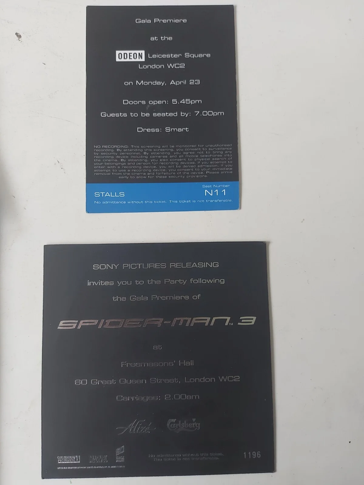 Spiderman 3 Gala Premiere Ticket + Gala Party Invitation Ticket Toby Maguire, изображение 3