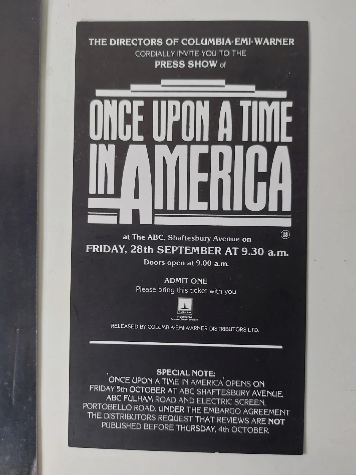 Once Upon A Time In America 1984 UK Press Ticket & Leaflet Robert De Niro Rare, image 2