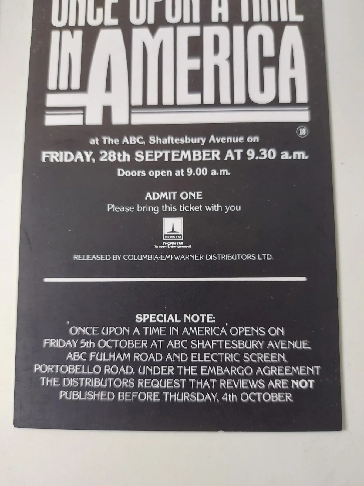 Once Upon A Time In America 1984 UK Press Ticket & Leaflet Robert De Niro Rare, image 3