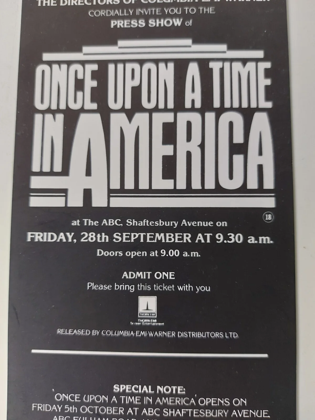 Once Upon A Time In America 1984 UK Press Ticket & Leaflet Robert De Niro Rare, image 4